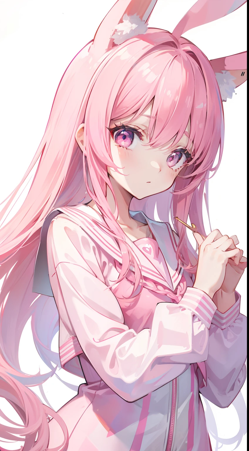 Fantastic shiny pink hair，Long white rabbit ears，Pink sailor suit，，The eyes are pink，It's a cute girl