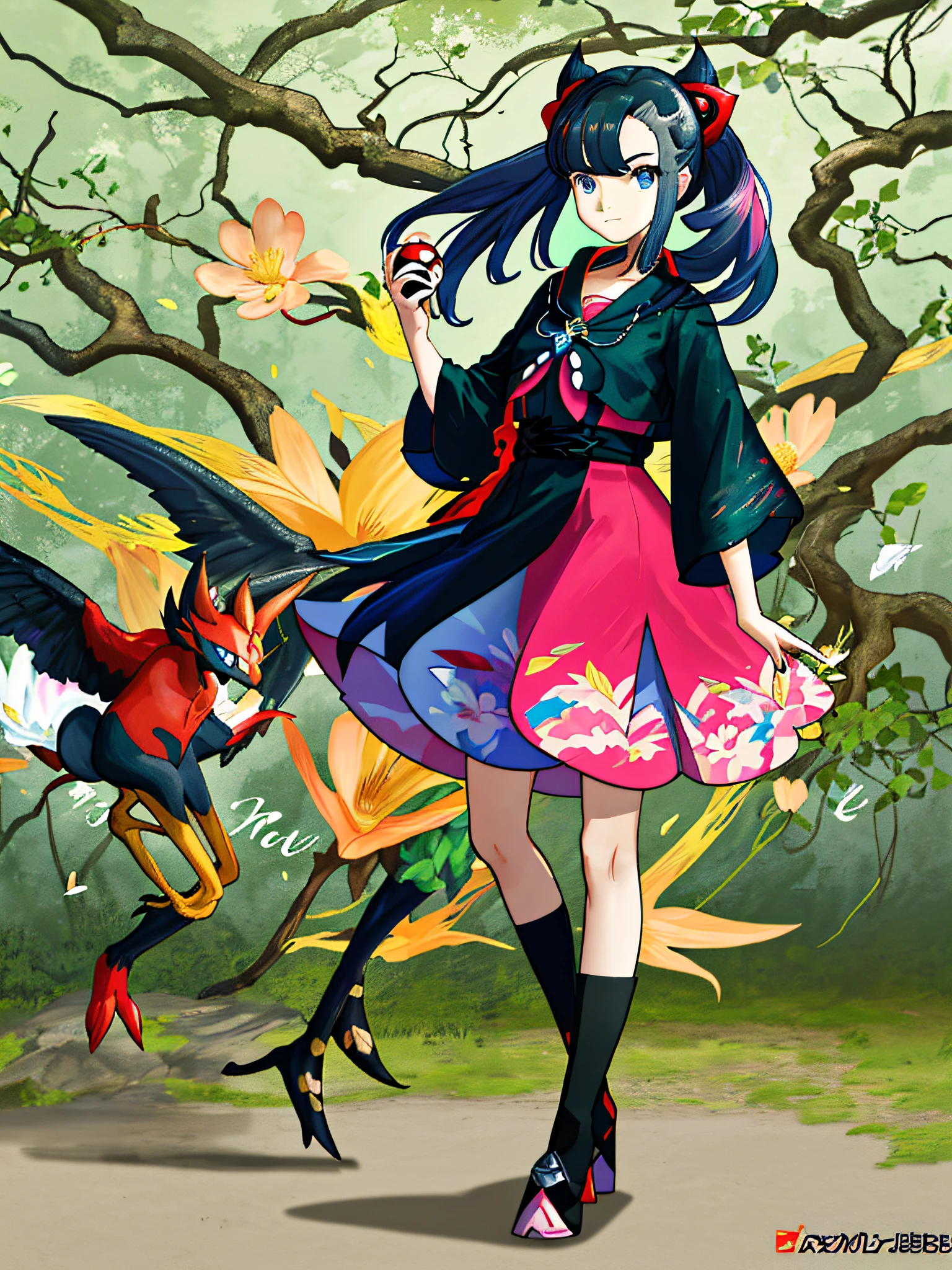 Estilo anime, ambiente bonito com uma floresta, with pokémon, uma mulher ( personagem, )