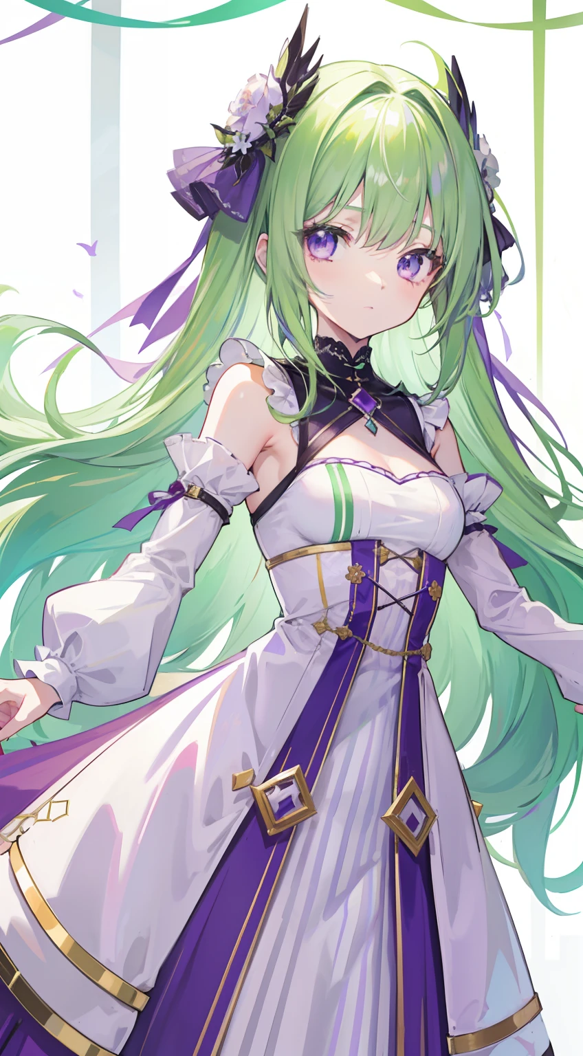 Fantastic shiny light greenish purple long hair，Green is the host color，Purple and red with white clothes，The eyes are light blue，This is a cute sweet girl，Soft girl