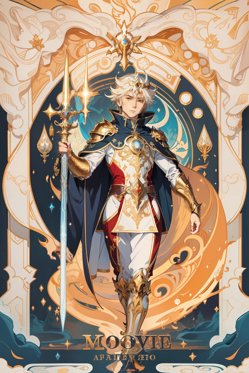 arafed image of a handsome man with a star sword in he hands, alphonse mucha and rossdraws, mucha style 4k, artgerm mucha, korean art nouveau anime, portrait knights of zodiac man, goddess. extremely high detail, anime fantasy illustration, detailed digital anime art, gorgeous goddess of leo, anime art nouveau, talor liner, stick liner, clear line. perfect post leg and shose. backgourd no face. red gold outfit,