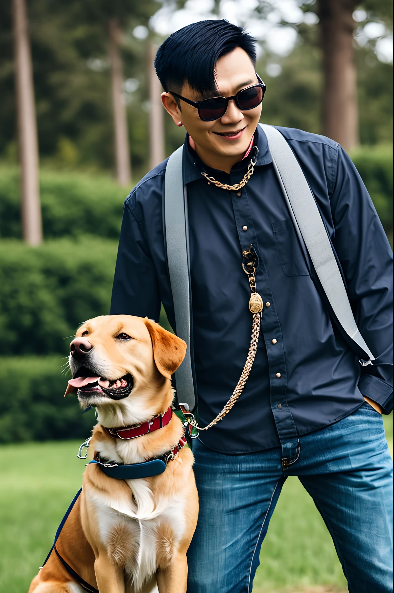 Man with dog collar，There are dog tags on the collar。The man also wears a leash