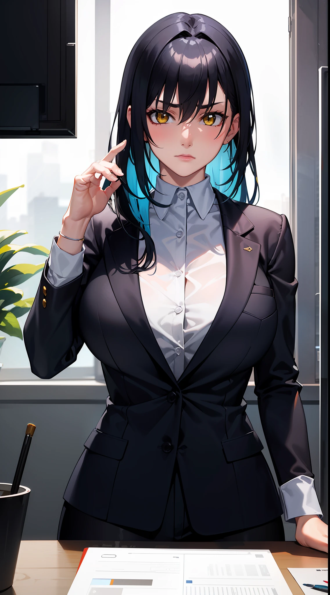 ((High Resolution)), ((Lighting and Color)), ((masterpiece)), ((Focus and Clarity)), ((Sharpness Settings)), ((Exposure Correction)), Imagine a woman of dazzling beauty, with straight black hair that shines under the light. Her deep and enigmatic blue eyes capture the attention of those around her. She wears a comfortable business suit: a fitted blazer and skirt that elegantly accentuate her figure. Every detail of her outfit reflects a perfect combination of glamor and professionalism, making her presence as imposing as it is captivating.