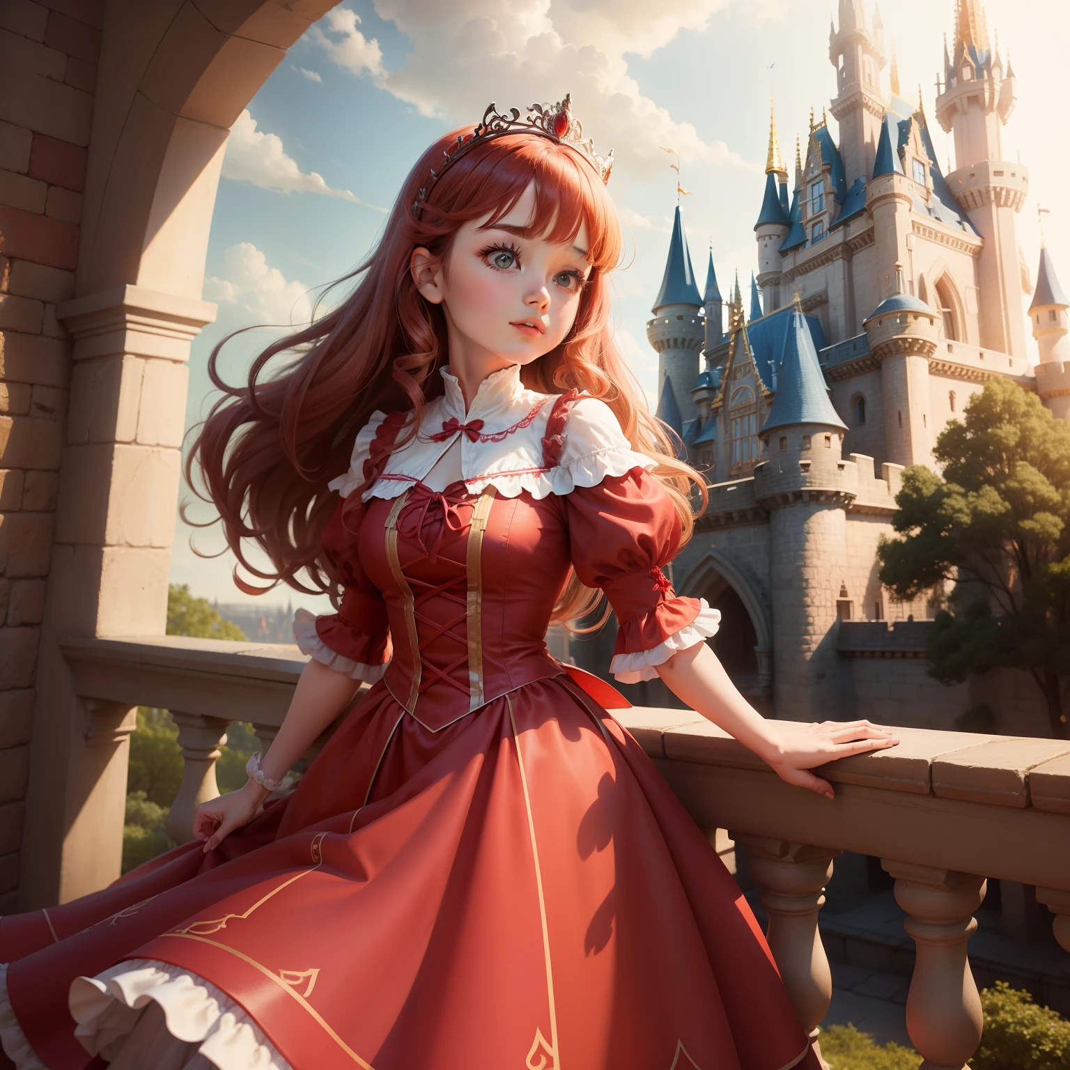 Cute girl with Disney princess , Red princess dress , she looking out the castle