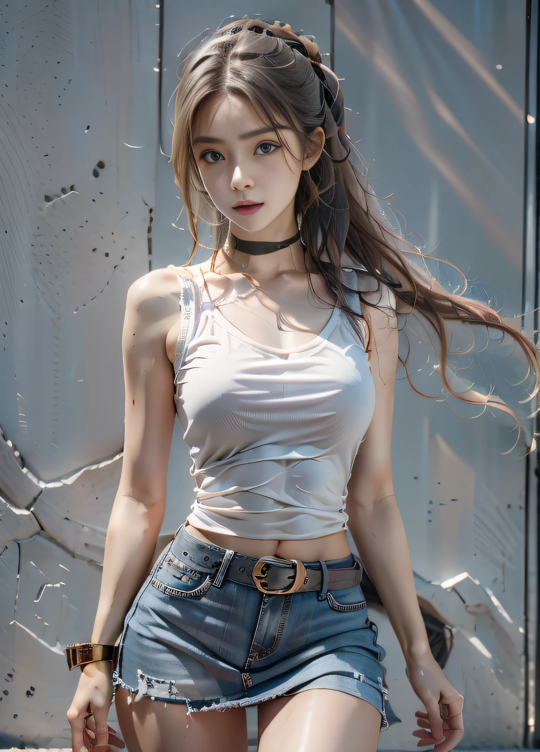 best qualtiy,tmasterpiece,超高分辨率,19-year-old girl,Slim figure,slender figures,Very long hair,Gradient hair color,Bands dye hair color,with fair skin,Very white skin,Tool room,Studio,Tool wall,a repairman,Gray top,grey vest,Bare waist,baggy jeans,Orange gloves,Repairman gloves,A rope hangs from the waist,There are scars on the face,(Fidelity:1.4),RAW photogr,1girll,(The upper part of the body:1.5),Bigchest (D)
