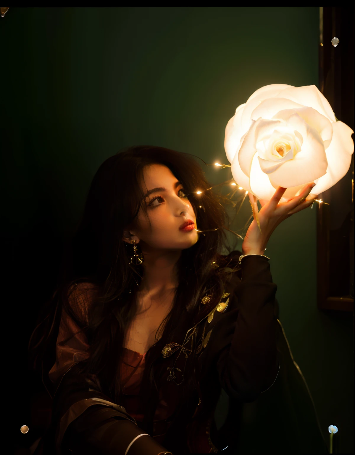 arafed woman holding a lamp in her hand in a dark room, lights with bloom, holding up a night lamp, lights on, emerging from her lamp, light from bottom, melanchonic rose soft light, creative lighting, mood light, warm volumetric lights, lights, fill light, dramtically lit, emerging from a lamp, captivating glowing lights