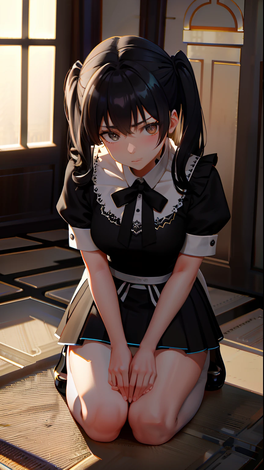 ​masterpiece, top-quality,  Detailed details, Detailed landscapes, beatiful lights, Beautiful Shadows, 1girl in, Kneeling,sixteen years old,Black eyes,embarassed expression,a miniskirt.Maid appearance,(low angles), detailed skin textures, Tyndall effect,tee,Offering tea,mansion