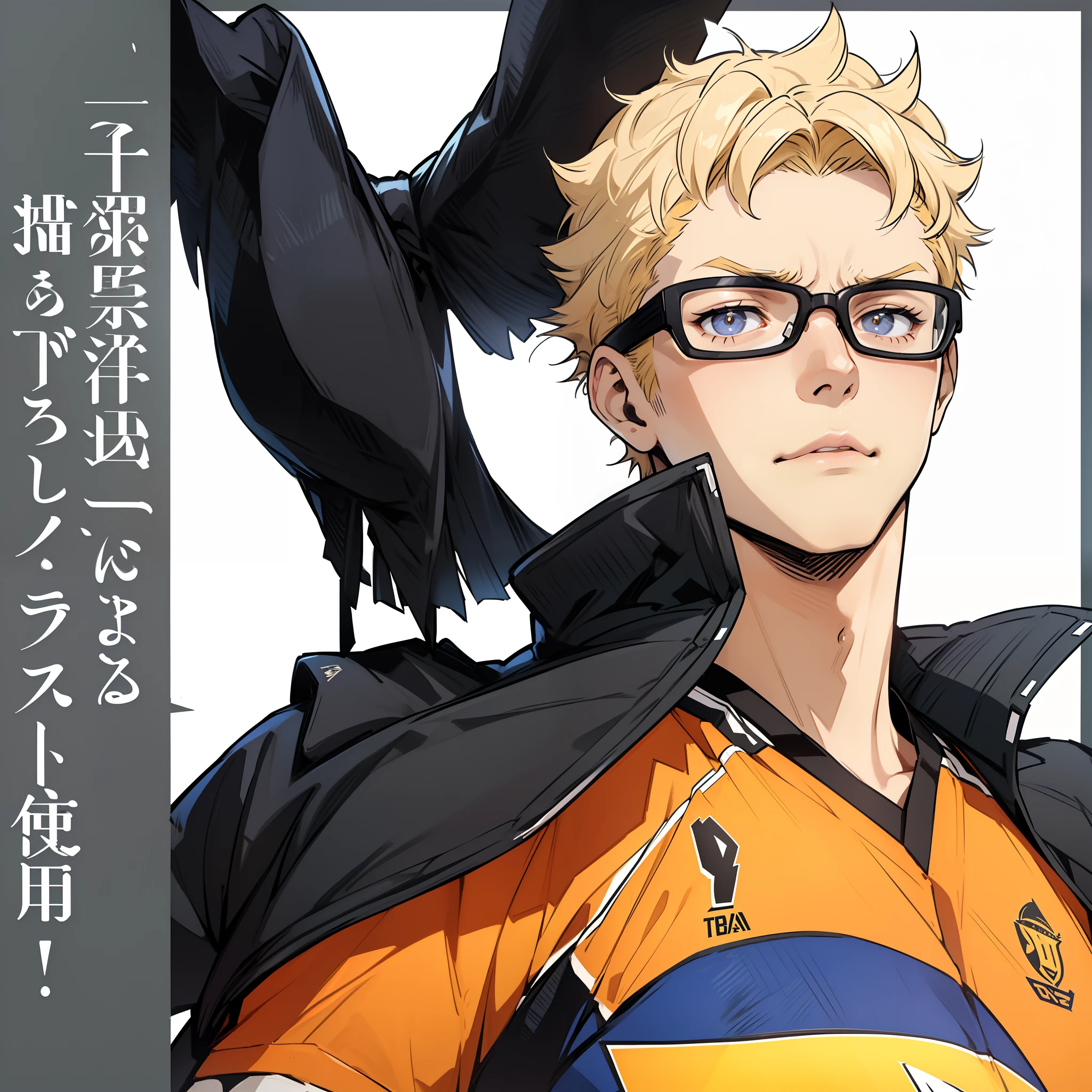 (Haikyuu), (((1boy))), ((tonificado)), foco masculino, obra-prima, alta qualidade, (obra-prima:1.2), (melhor qualidade:1.2), pele brilhante, realista, ornamentada, intrincada, (((cabelos amarelos))), (cabelos curtos), bespectacled,sexy_face, solo, camisa laranja, FH, olhando para o espectador, pupils constricted, dinamic pose, (sombras projetadas sobre o rosto:1.3), (parte superior do corpo)
