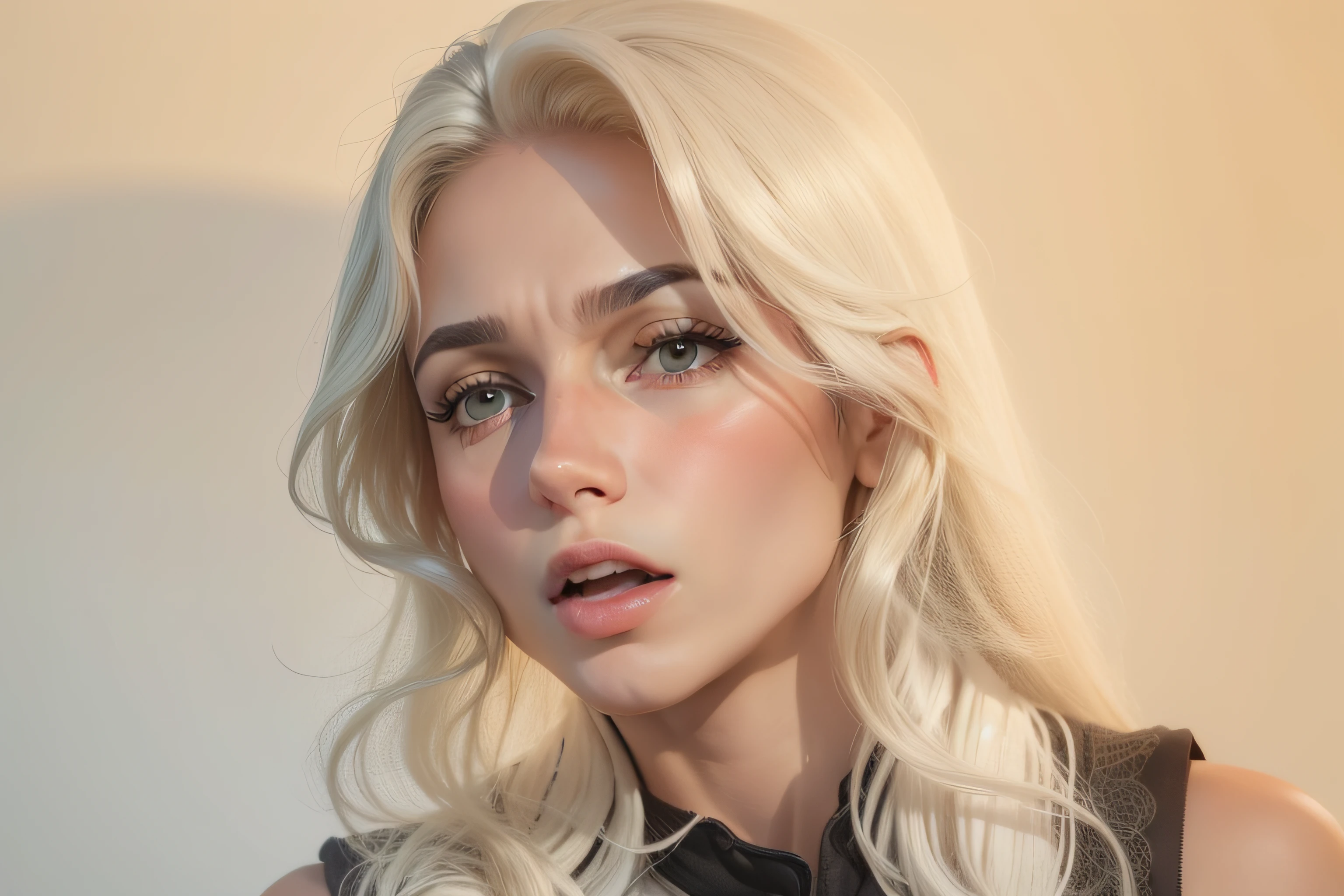 A close up of a woman with long blonde hair and a black top - SeaArt AI