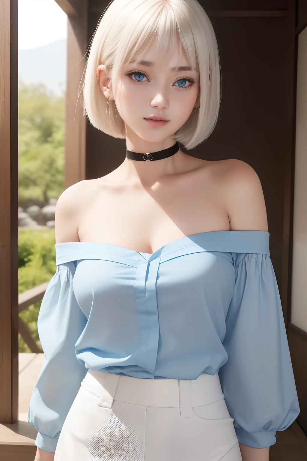 top-quality, 超A high resolution, (Photorealsitic:1.4), 1 beautiful girl, ((Off-the-shoulder light blue shirt)), (White tight skirt), Black Choker, (japanese beauty girl), (Lustrous blonde hair), ((a short bob)), ((A slender)), (medium cleavage), a closeup, (ssmile), model shot, ((NiziU Riku))