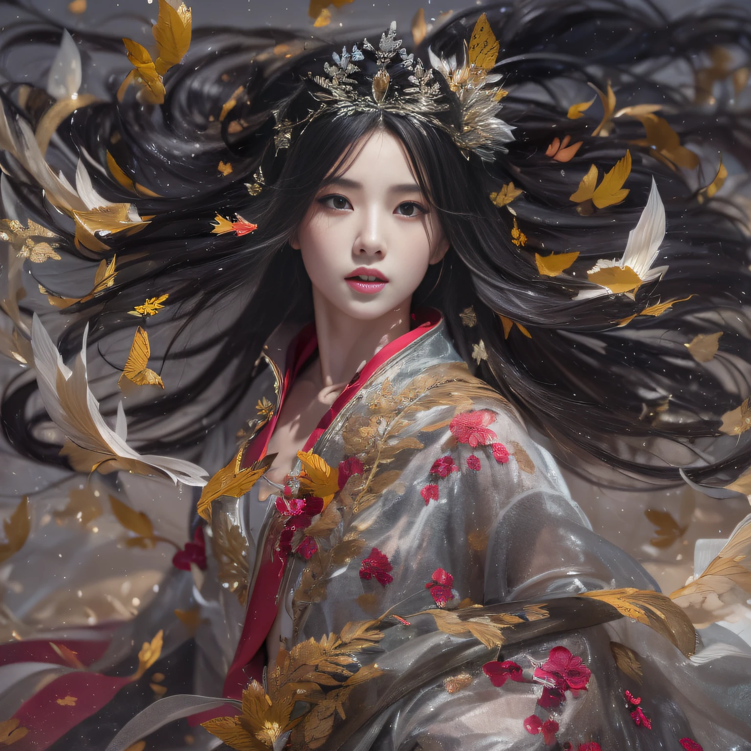 32K(tmasterpiece,k hd,hyper HD,16k)Long flowing black hair,Rockery,zydink, a color, Xuzhou people (Seduce girls), (Red scarf in the snow), jumping posture, looking at the ground, long whitr hair, Floating hair, Carp pattern headdress, Chinese long-sleeved silver battle robe, (Abstract gouache splash:1.2), Pink petal background,Tulips flying(realisticlying:1.4),Black color hair,Fallen leaves flutter,The background is pure, A high resolution, the detail, RAW photogr, Sharp Re, Nikon D850 Film Stock Photo by Jefferies Lee 4 Kodak Portra 400 Camera F1.6 shots, Rich colors, ultra-realistic vivid textures, Dramatic lighting, Unreal Engine Art Station Trend, cinestir 800,Long flowing black hair,Transparent robe clothing