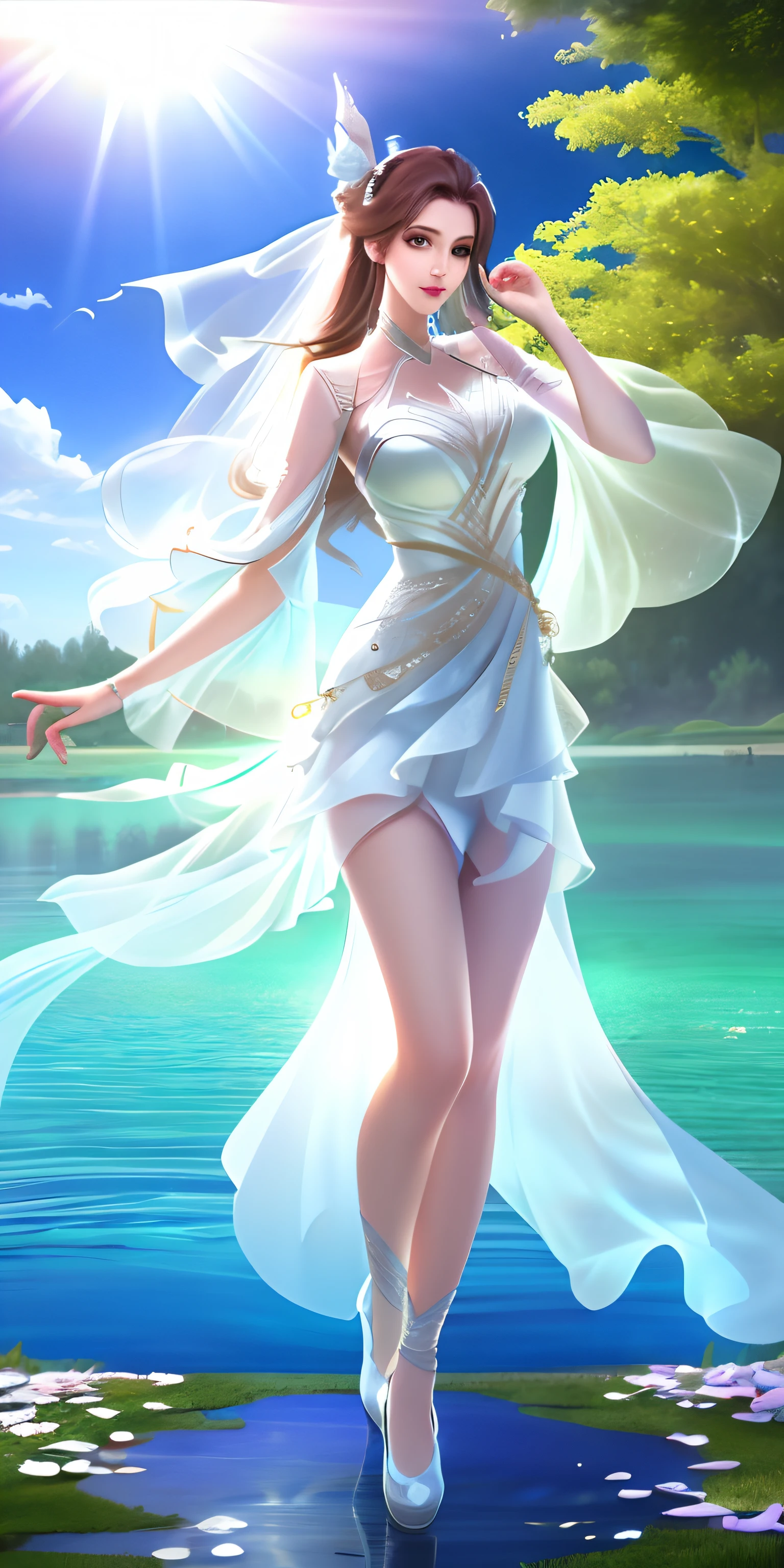 1 beautiful girl,best qualtiy,top Quority,1080p (Realistic:1.3) (Full body photo:1.3), standing photo, Stand in front of the blue lake, White transparent wedding dress, Soft and transparent dress, blond hairbl, Blue eyes, Wavy hair, Masterpiece, diffused soft lighting, Full, leaking breasts,Best quality (Perfect face:1.4), Ultra-realistic Highly detailed, Complex and realistic simulation style photos, Cinematic lighting, studio shoot, Elegant Pose