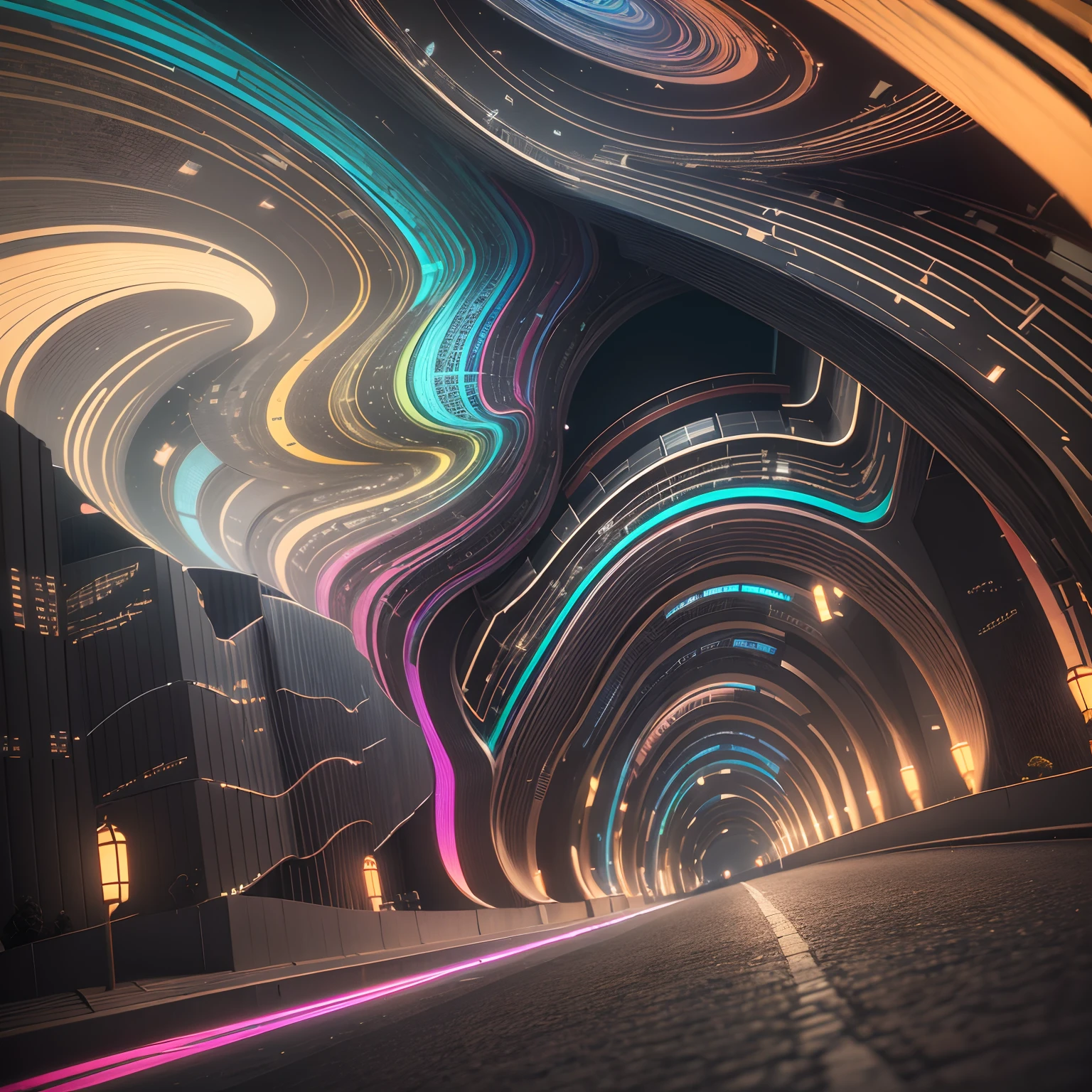 a nanotechnology and detailed carbon fiber optical illusionism, lente pinhole preta e branca, Edison's lamp infused abstract city, Rainbow roads, Tons de cor dupla, Dividir cores, Cycles rendering, octane rendering, 4K Volumetric Lighting