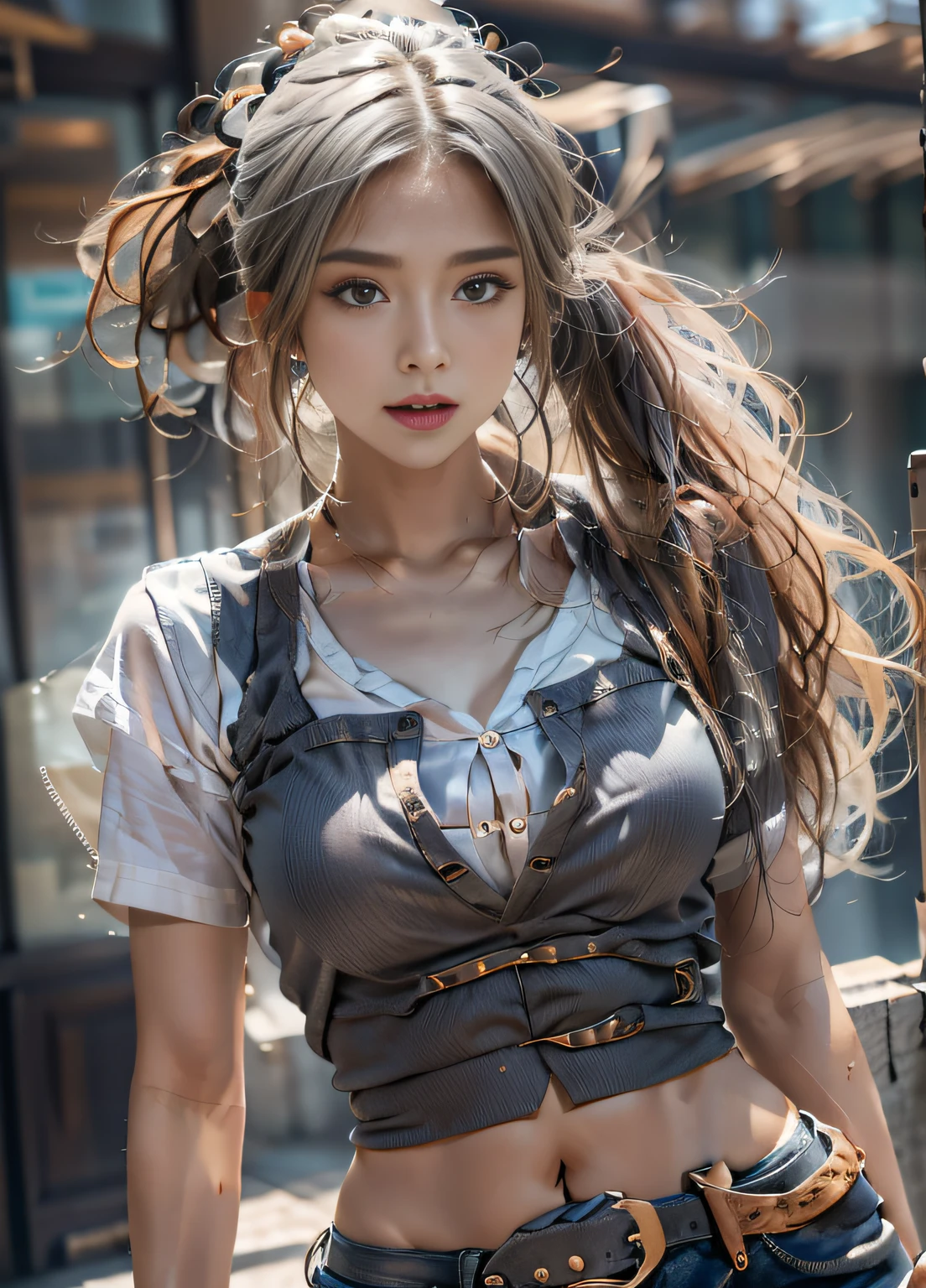 Amber eyes、suprerralistic, Motion blur, Cowboy shot, macro photography, 8K, Super detail, hyper HD, A high resolution, 16 k，1girll、realistic skin textures、The ponytail is tied at the top of the head、profesional lighting、Gray panties made of cotton material、Superskirt，Vest shirt made of gray cotton material、small tits、smallunderboob