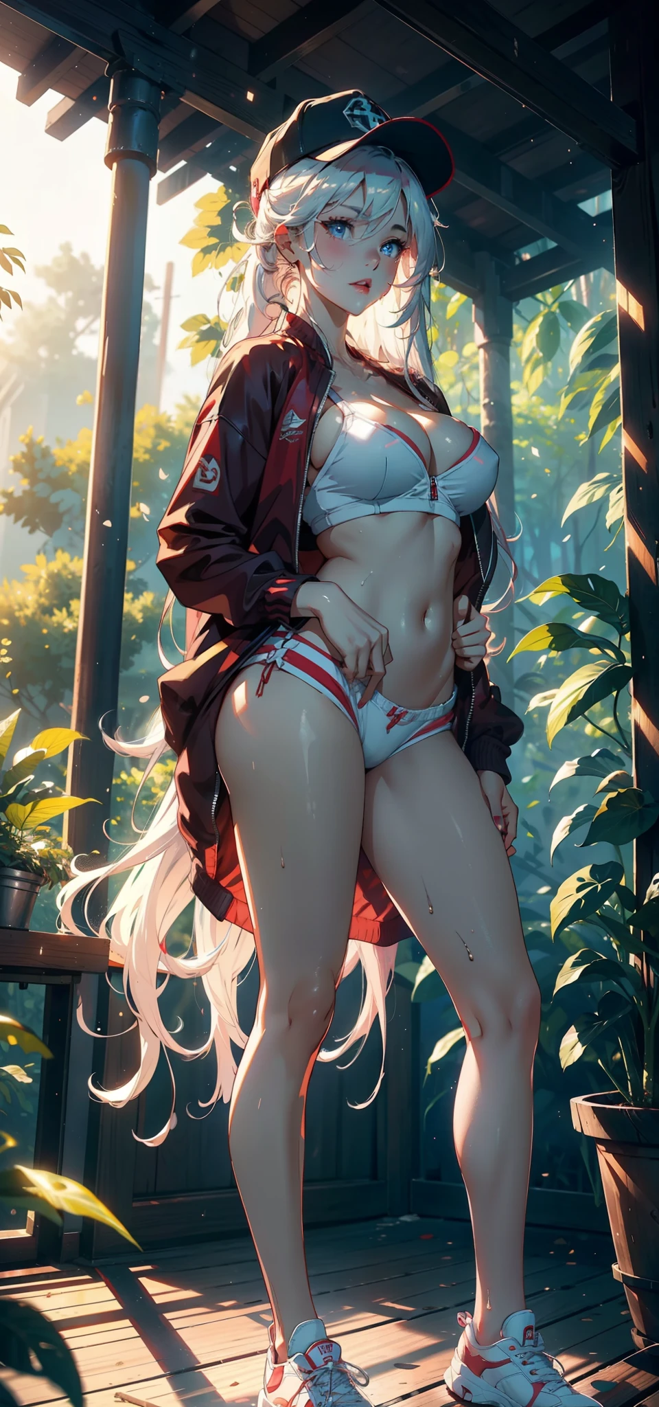 1female,35yo,熟妇,gigantic cleavage breasts,Big breasts Thin waist,long leges,Pornographic exposure, 独奏,(Background with:ln the forest,the rainforest,in summer) She has long pink hair,standing on your feet,Sweat profusely,drenched all over the body,seen from the front, hair straight, mostly cloudy sky,(((tmasterpiece),(Very detailed CG unity 8K wallpaper),best qualtiy,cinmatic lighting,detailed back ground,beatiful detailed eyes,Bright pupils,blue color eyes,Redlip(Very fine and beautiful),(Beautiful and detailed eye description),ultra - detailed,tmasterpiece,)),facing at camera,(Full body photo),Show shoes,A high resolution,ultra - detailed),revealing breasts,Bare genitalia, Lower body elevation,Raised sexy,Camel toes,Flushed complexion,Open-mouthed,frontage,baseball cap(Wearing:Red baseball jacket,White sex shorts,athletic sneakers)nakeness,full bodyesbian,Show shoes