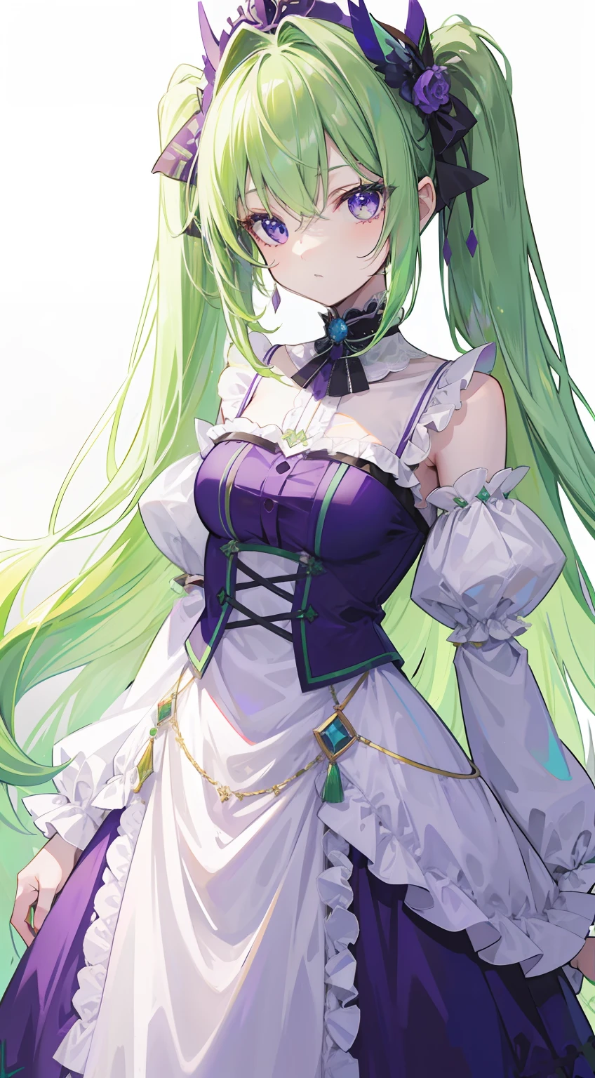 Fantastic shiny light greenish purple long hair,Green is the host color,Purple and red with white clothes,The eyes are pale bluish blue,This is a cute sweet girl,Soft girl