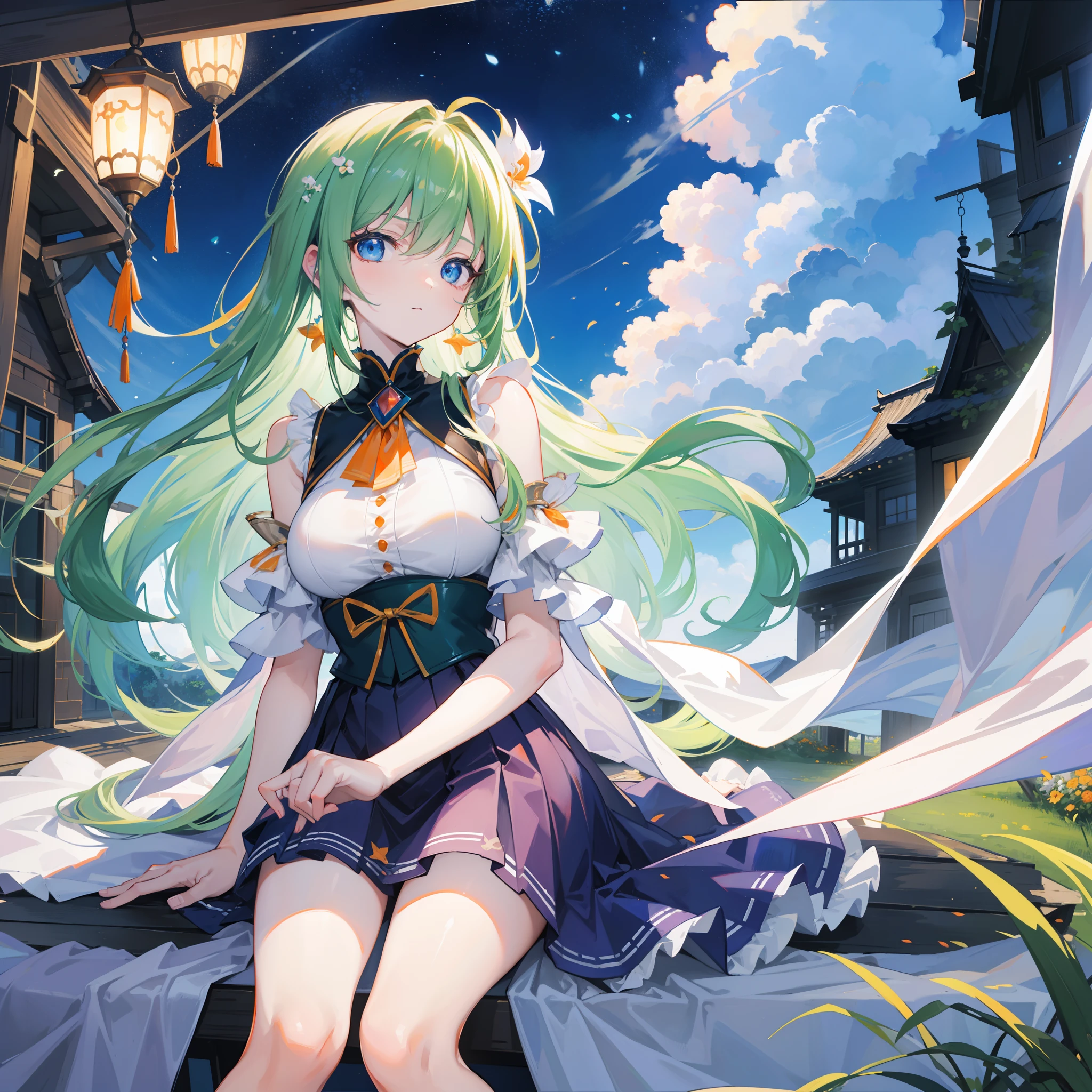 Dark Magician Girl、MKSKS style、1 person、(highly detailed back ground:1.0)、(highly detailed back ground:1.0)、masterpiece、top-quality、超A high resolution、in 8K、The upper part of the body、look up sky、BREAK、(1/2 orange and 1/2 Green hair)、BREAK、(1/2 white and 1/Two orange short-sleeved shirts)、BREAK、Detailed skin、glowy skin、bare-legged、A detailed eye、Blue eyes、Burning cheeks、Wearing makeup、Laughing、Large breasts、Break HA、(veranda:1.4、Sitting on the porch:1.2、wind chime:1.2)