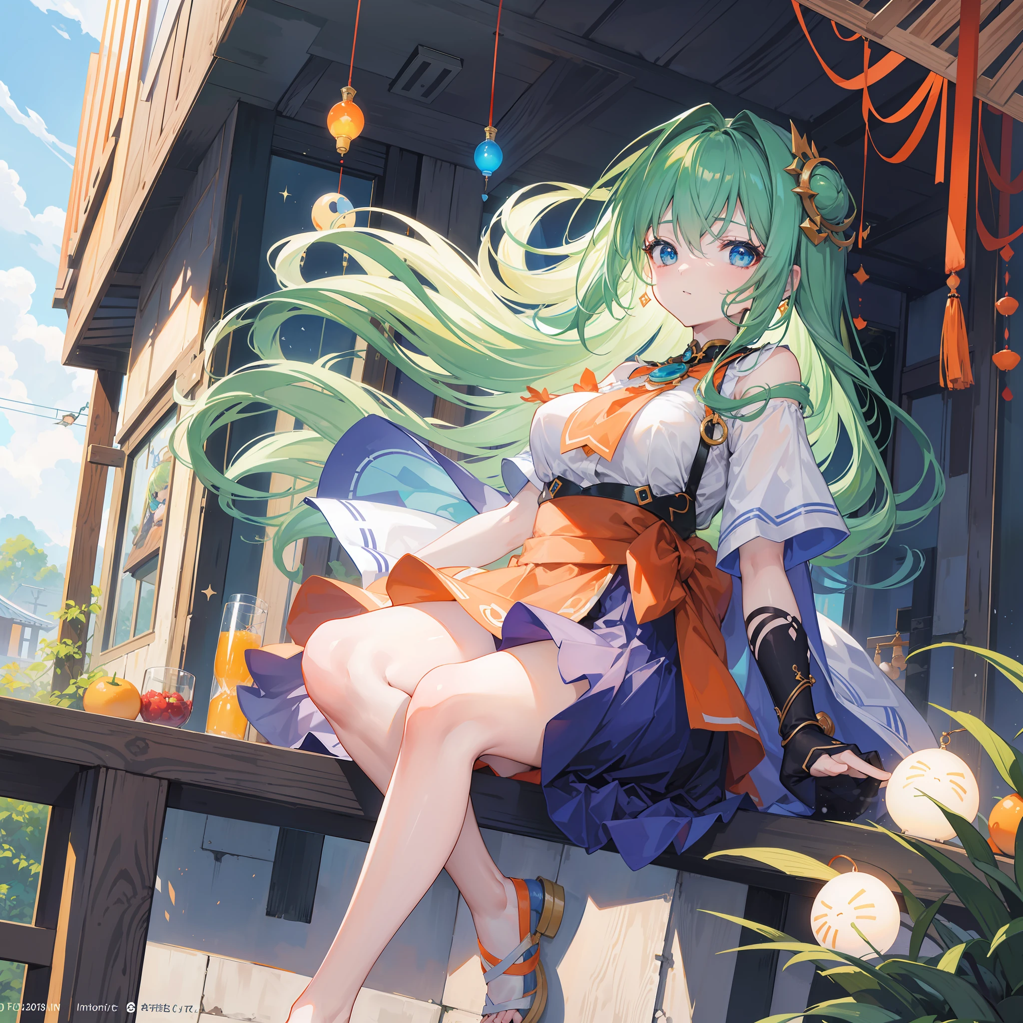 Dark Magician Girl、MKSKS style、1 person、(highly detailed back ground:1.0)、(highly detailed back ground:1.0)、masterpiece、top-quality、超A high resolution、in 8K、The upper part of the body、look up sky、BREAK、(1/2 orange and 1/2 Green hair)、BREAK、(1/2 white and 1/Two orange short-sleeved shirts)、BREAK、Detailed skin、glowy skin、bare-legged、A detailed eye、Blue eyes、Burning cheeks、Wearing makeup、Laughing、Large breasts、Break HA、(veranda:1.4、Sitting on the porch:1.2、wind chime:1.2)