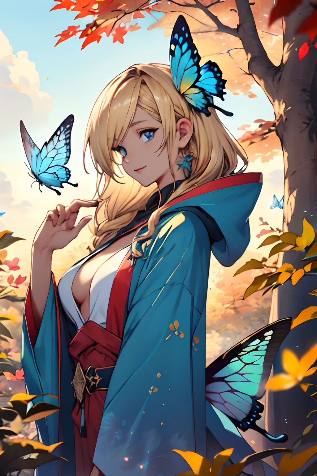 Kizi， faeries， the watercolor style， aethereal， big breasts beautiful， a paradise， Bright glowing wings， Long blonde hair， Golden leaves，blissful， long eyelasher， eBlue eyes， Blue hooded robe，Flower butterflies，smallunderboob，No flesh，Butterfly wing hair ornaments