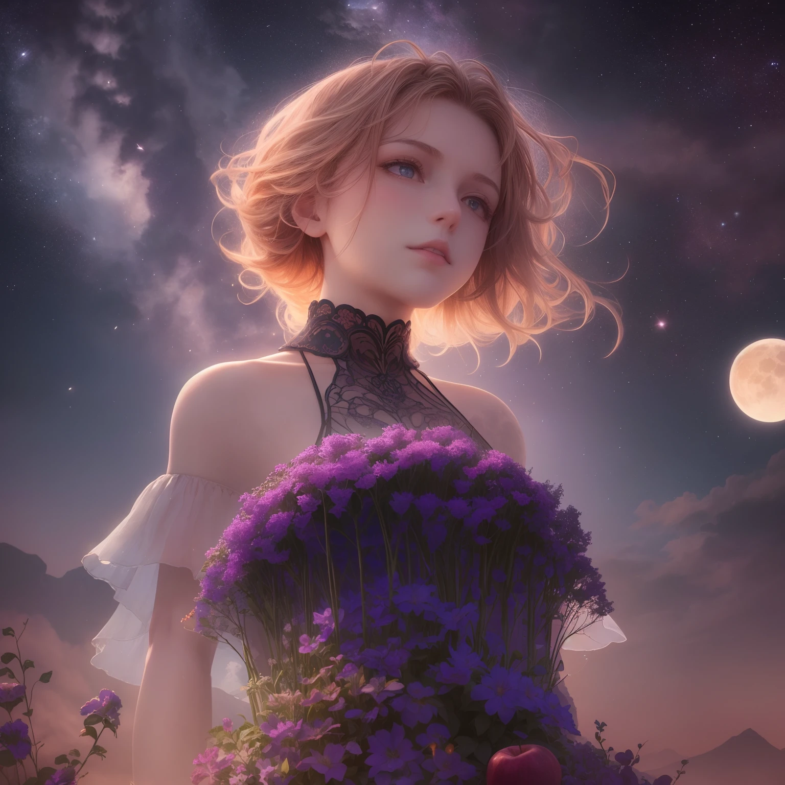 Vast landscape photos, (view from below with a view of the sky and wilderness below), Girl standing in a flower garden and looking up, (fullmoon: 1.2), (shooting stars: 0.9), (nebulas: 1.3), distant mountain, Tree Break Production Art, (Warm light source: 1.2), (firefly: 1.2), apples, Purple and orange, intricate detailes, Volume Lighting, Realism Break (masutepiece: 1.2) (Best Quality), 4K, Ultra-detailed, (Dynamic configuration: 1.4), Highly detailed and colorful details, (Iridescent colors: 1.2), (Glowing lighting, Atmospheric lighting), Dreamy, Magical, (Solo: 1.2)