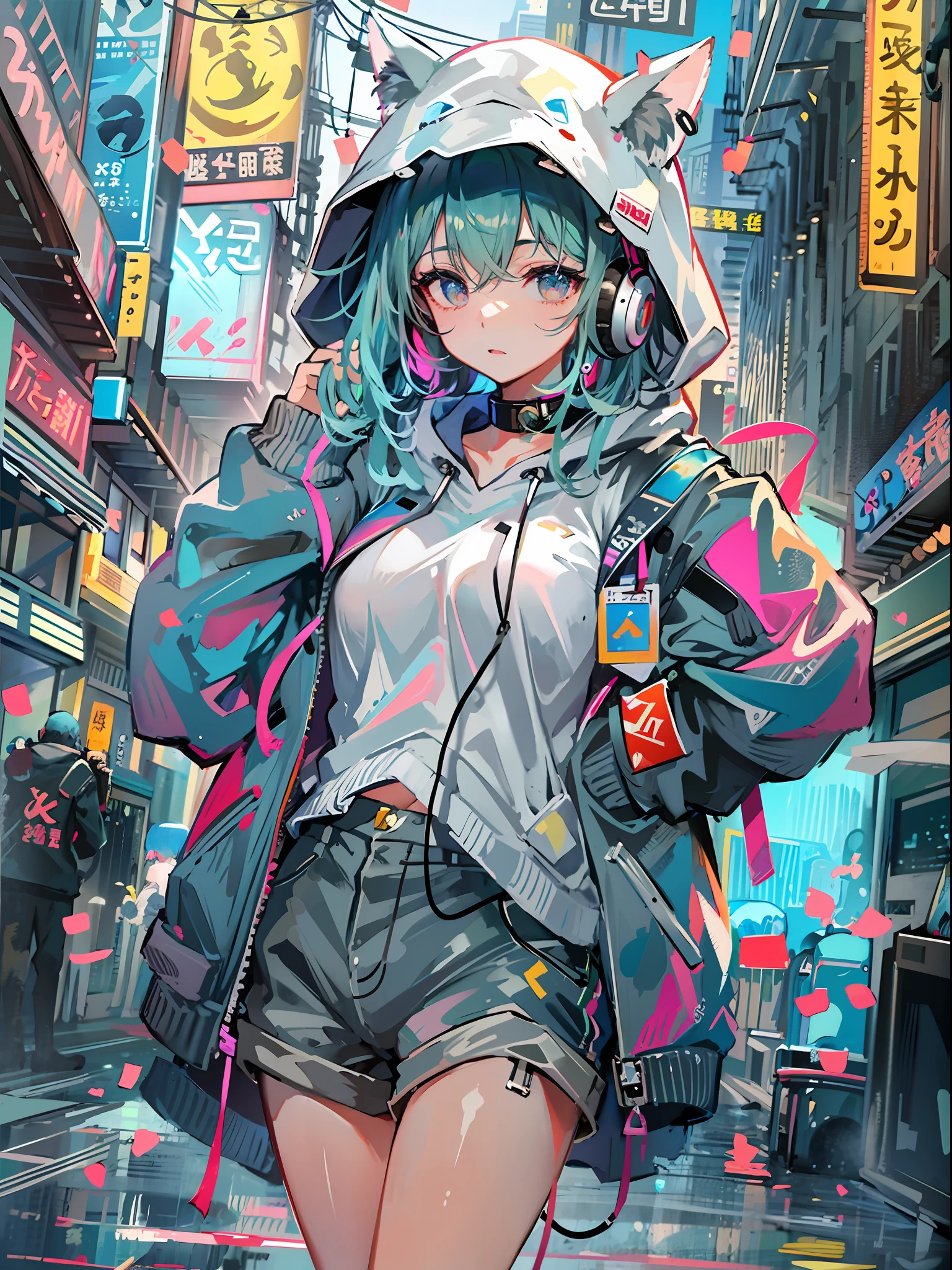 8K分辨率、((top-quality))、((masterpiece))、((ultra-detailliert))、1 woman、独奏、incredibly absurdness、Oversized hoodies、headphones、Street、plein air、Sateen、Neon Street、Shortcut Hair、Brightly colored eyes、Hands in pockets、shortpants、water dripping