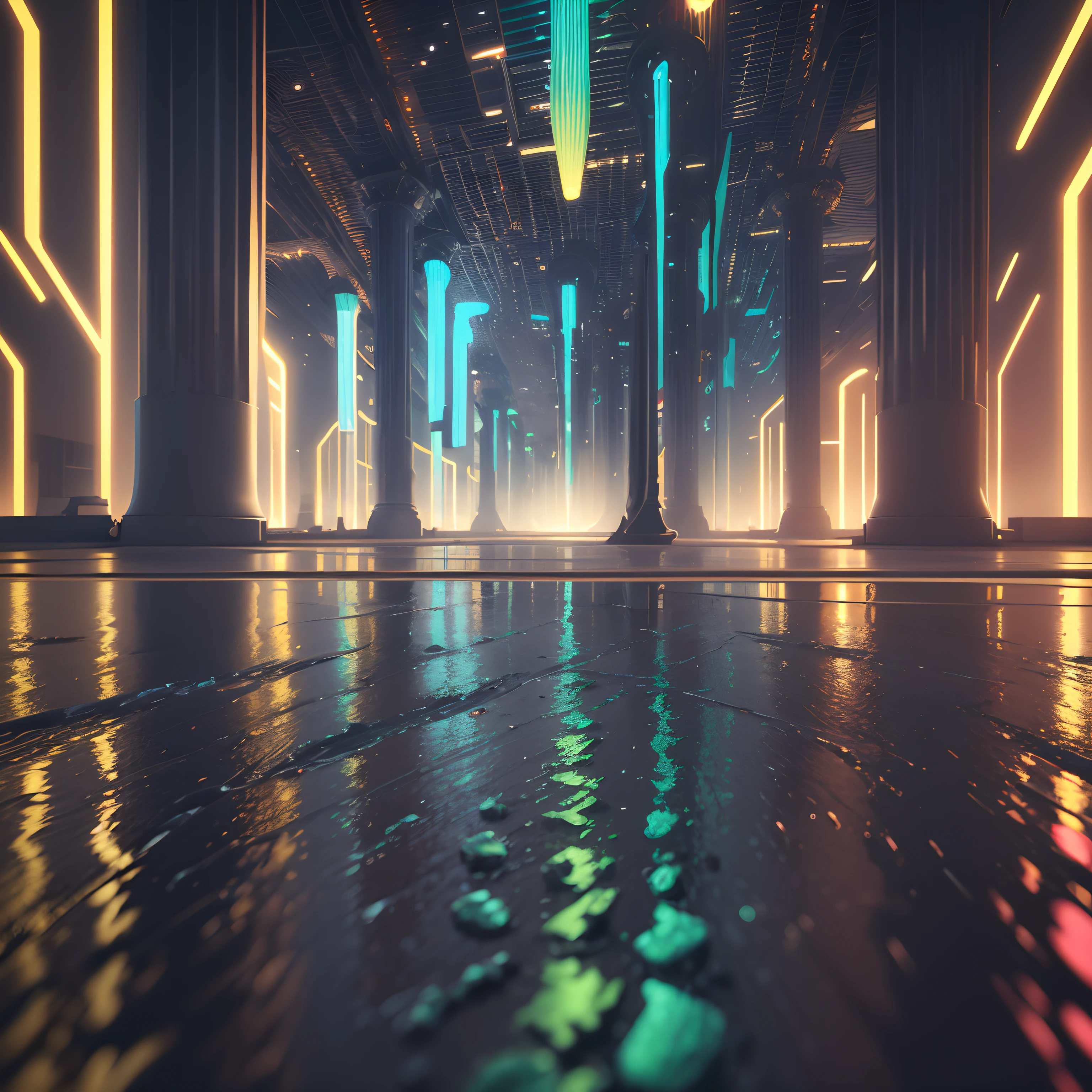 a nanotechnology and detailed carbon fiber optical illusionism, lente pinhole preta e branca, Edison's lamp infused abstract city, Rainbow roads, Tons de cor dupla, Dividir cores, Cycles rendering, octane rendering, 4K Volumetric Lighting