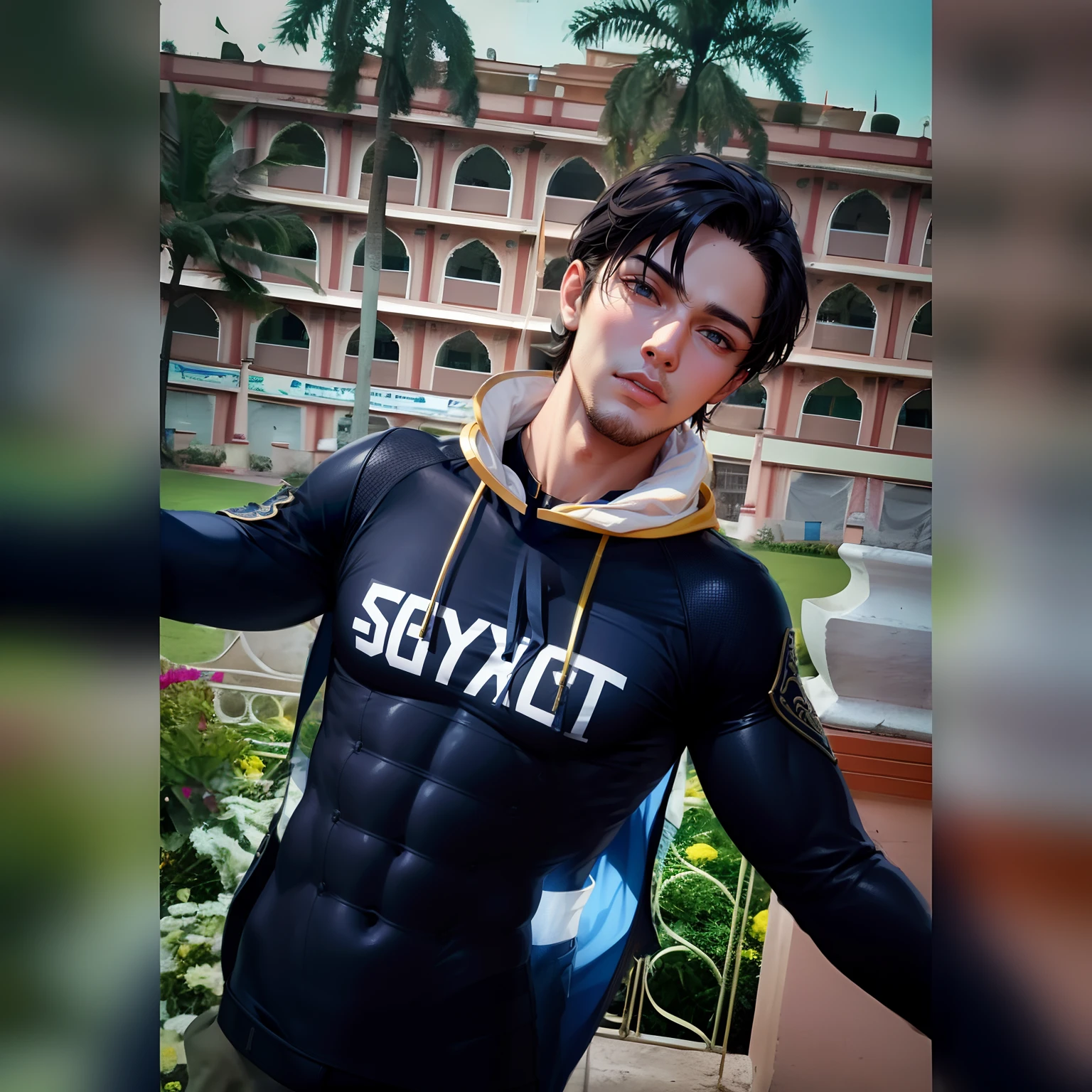 Generate an avatar with exact face realistic, 24 years young man, insanely detailed and intricate, character, hypermaximalist, elegent, ornate, handsome, hot, exotic, revealing, sexy six packs, covered with wet cloth showcasing muscles, appealing, attractive, amative, hyper-realistic, super detailed, 4k