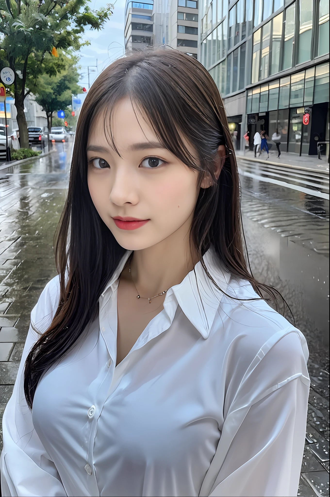 ((Best quality, 8k, Masterpiece :1.3)), Sharp focus :1.2, A pretty woman with perfect figure :1.4, Slender abs :1.2, ((long hair, Big breasts :1.2)), (Wet white button up long shirt :1.1), (Rain, Street:1.2), Wet body :1.5, Highly detailed face and skin texture, Detailed eyes, Double eyelid,