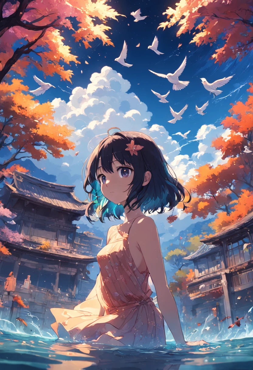 Little birds swim six flowers