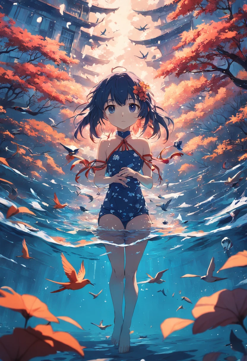 Little birds swim six flowers