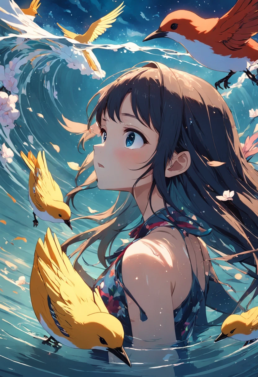 Little birds swim six flowers