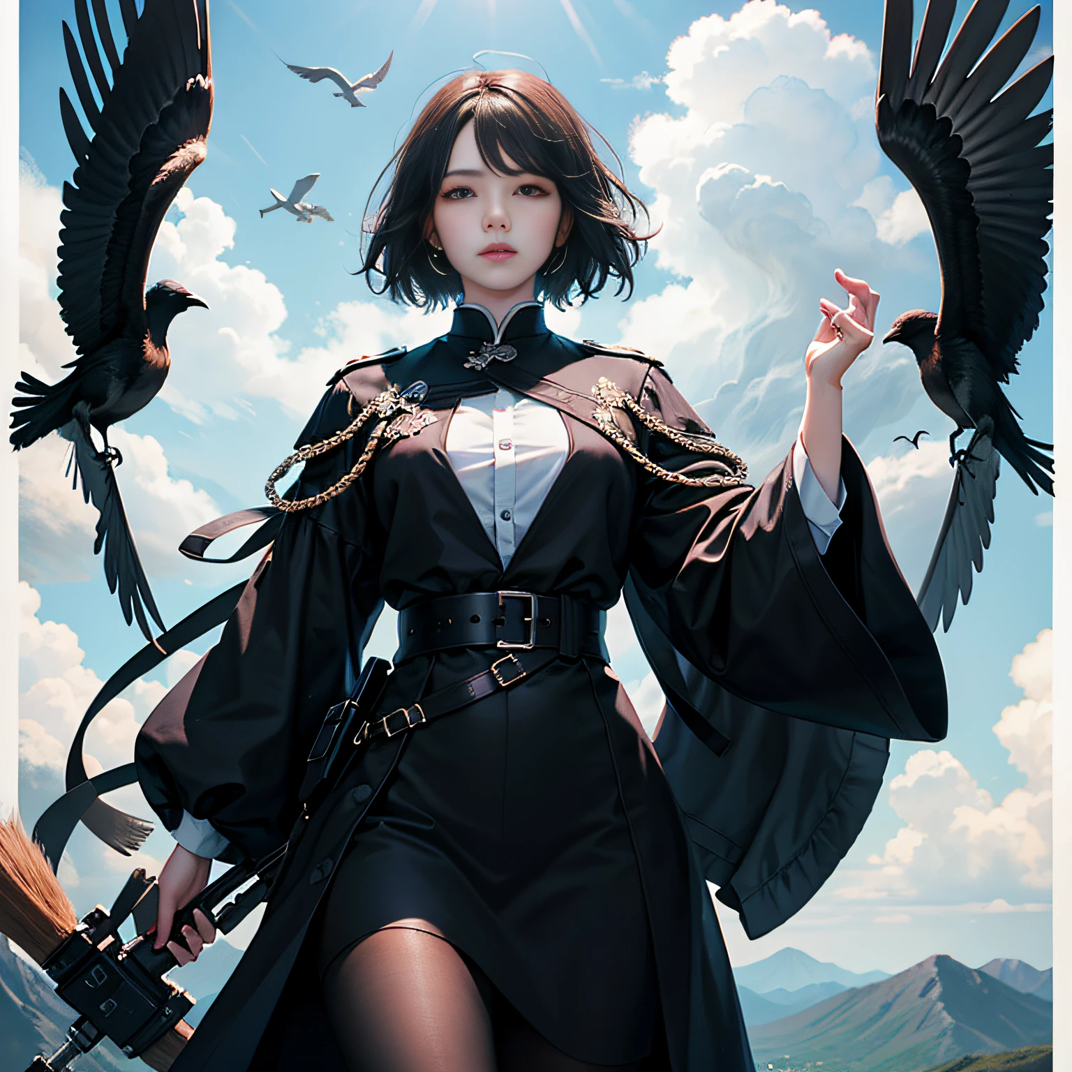 tmasterpiece,A high resolution,8K,CG animation,A flock of black magpies flew in line in the sky。