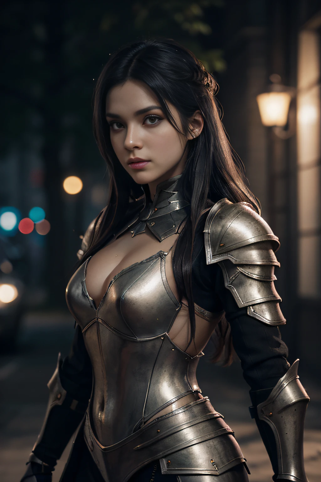 A young blonde, very beautiful girl with long hairs, (black:1. 3) armor, elegant pose, highly detailed, creepy, deadly face, sharp focus, ultra-realistic, concept art, highly detailed, photorealistic, octane render, unreal engine, depth of field, pentagon bokeh