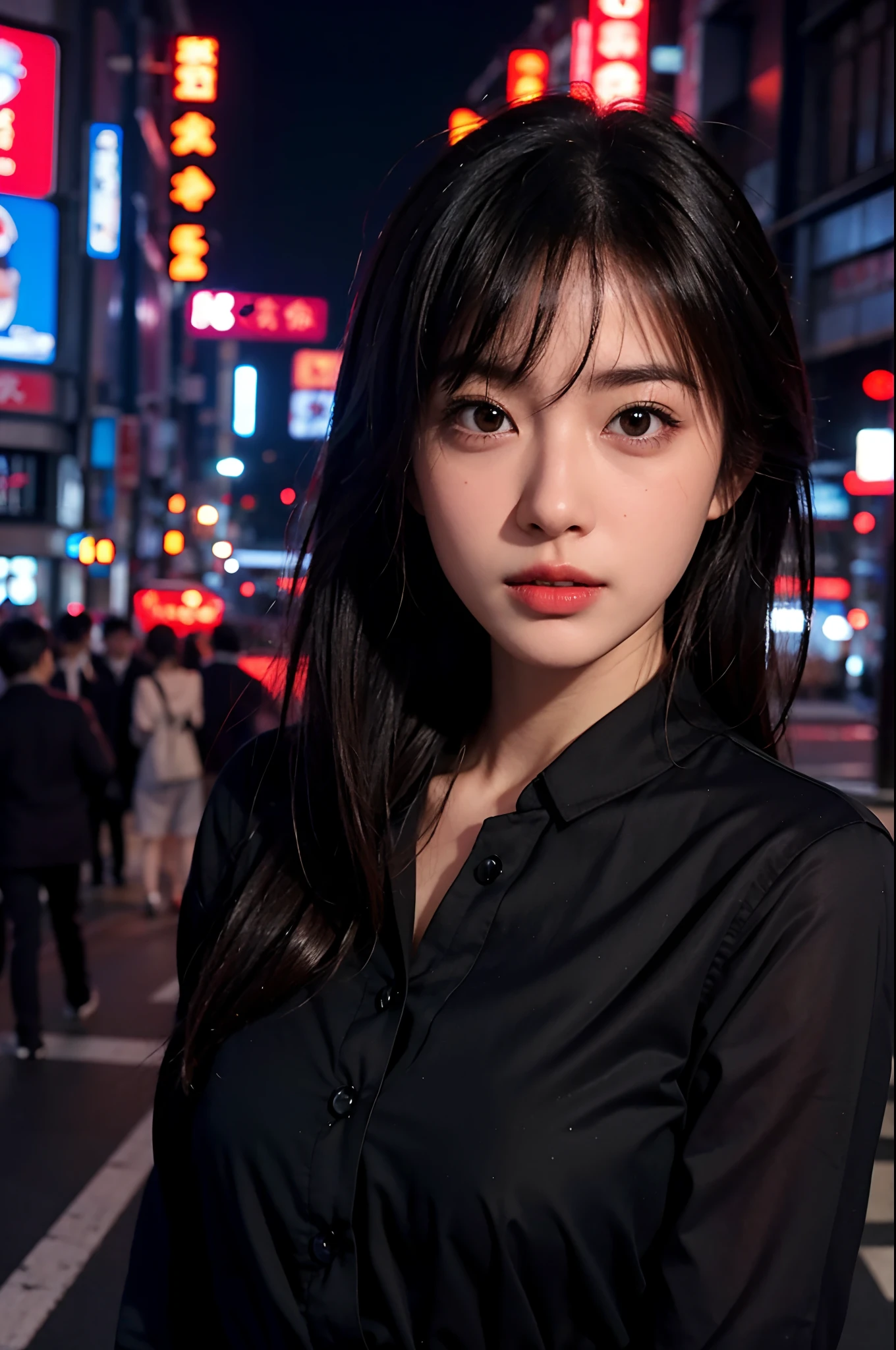 1girl, Tokyo street,night, cityscape,city lights, upper body,close-up, 8k, RAW photo, best quality, masterpiece,realistic, photo-realistic,