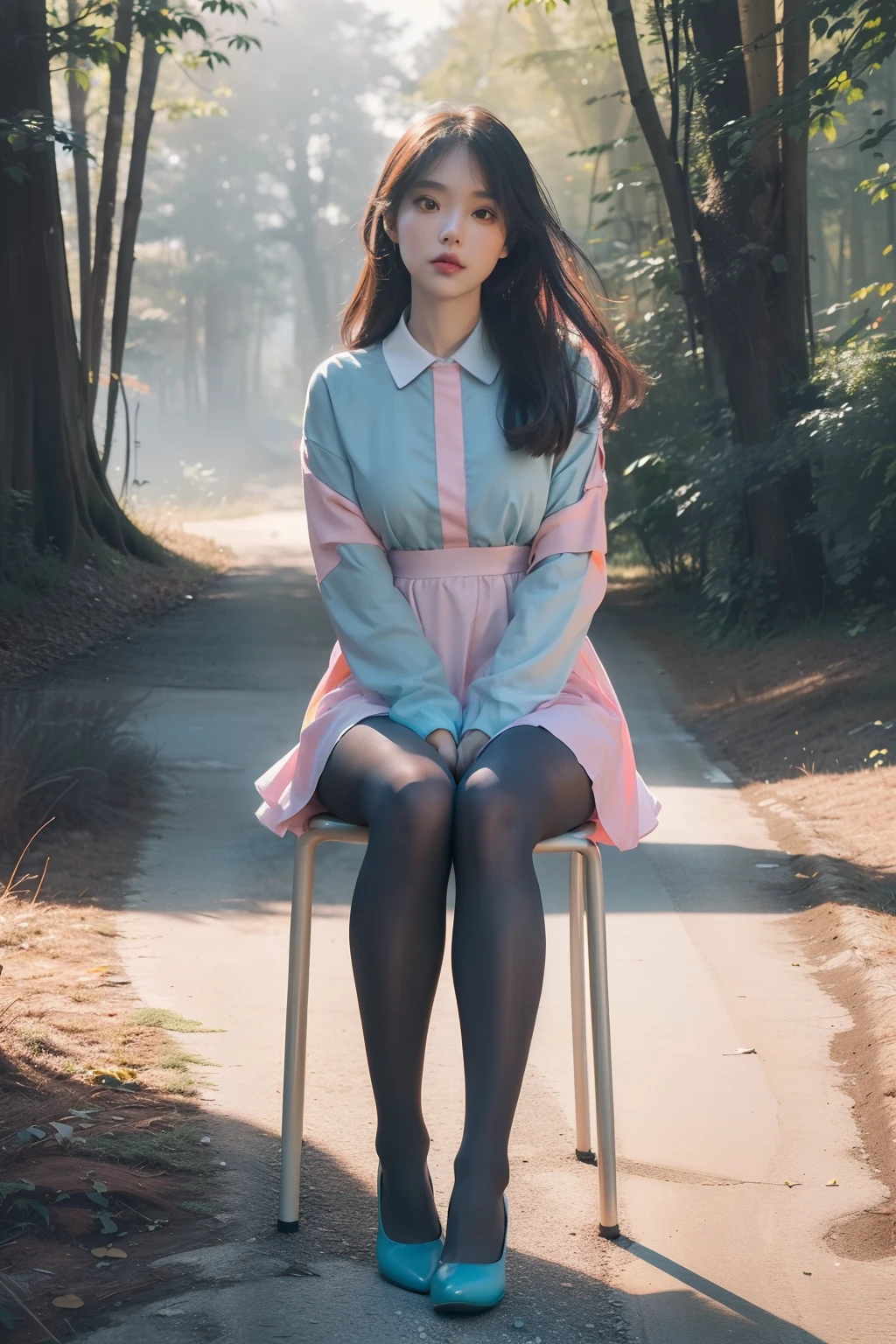 (full body:1.5)，(1girl:1.3),(view the viewer:1.4)，(??????? correct:1.4),(sitting in the forest:1.2),(Wearing a school Style Dress:1.2),(Opaque pantyhose:1.3),( girl pointed thick heels :1.1)，((purplish color | blue colors | in pink | greys |white colors  |black in color | orange colors | green color | cyan colors | golden colors | khaki | Salmon colors):1.2),(Accurate and perfect face:1.3),(Long legs:1.3),hyper HD, Ray traching, reflective light， structurally correct, Award-Awarded, high detail, lighten shade contrast, Face lighting ，cinematic lighting, masterpiece, super detailing, high quality, high detail, best quality, 16k，High contrast,
