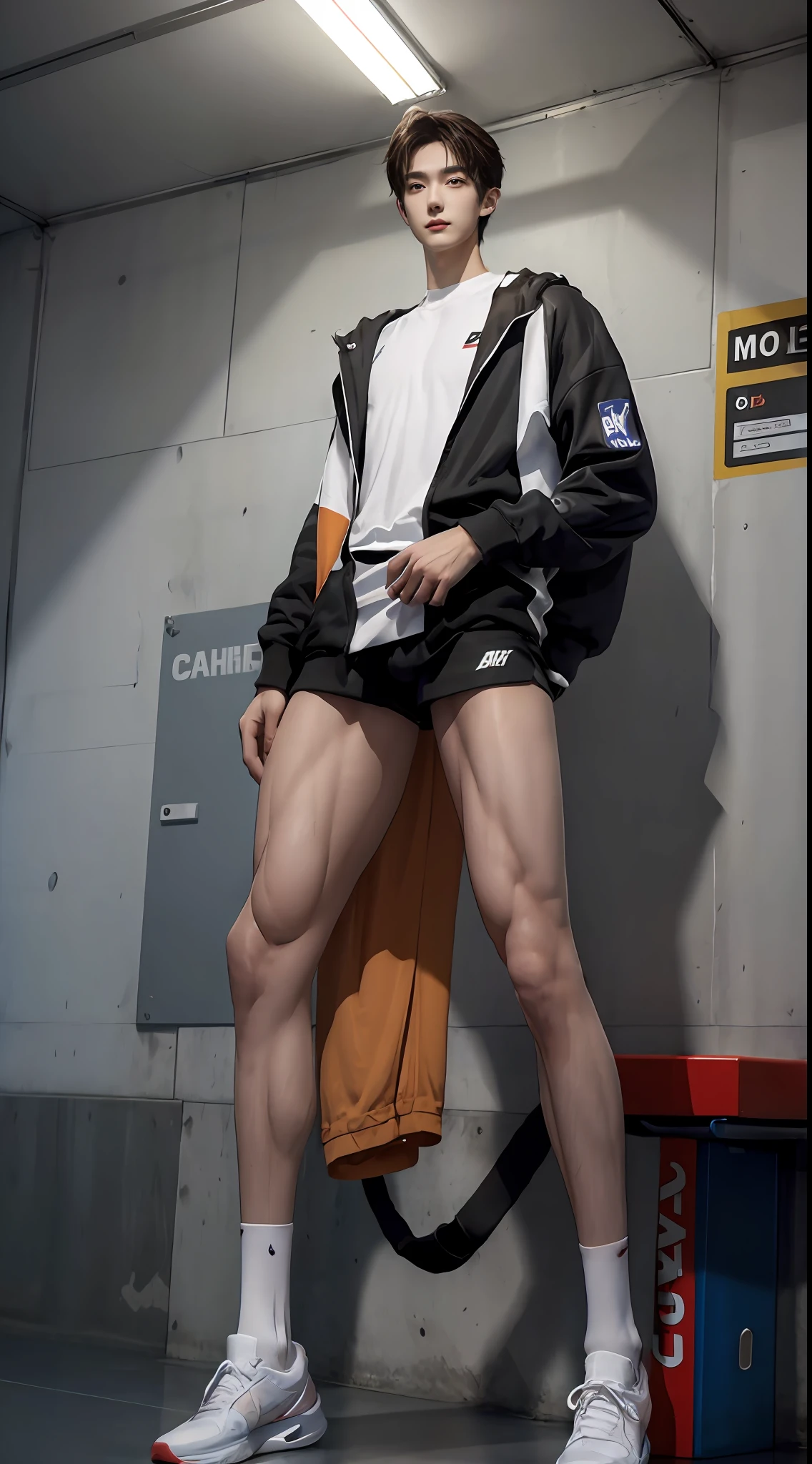 (((Best quality))),(((Ultra detailed))),(((Masterpiece))),(Cute tall Shota:2),The height of a volleyball player,Titan muscles,Bodybuilding champion,solo person,(full bodyesbian:3),(Stay away from the lens:3),Expose your legs,(revealing the whole body:2),(Frontal heads-up view:1.2),malefocus,(looking at viewert),18yr old,(Tall:3),(Tall guy:2),Super tall,(Height 300 cm:2),Excellent body proportions,muscular physique,(1.The shoulders are 5 times wider:1.2),Right shoulders,Large trapezius muscles,(Slender straight legs:2.5),Slender feet,small heads,musculous,(The face of the animated male protagonist),Pure face,(Very detailed beautiful face and eyes:2),(Big bright eyes:2),Sharp eyeliner,Clear and beautiful face,exhilarated,(Happy smile:3),short detailed hair,(Correct facial features),(tilts your head:1.5),(Men's sweaters:2),Long white socks,Nike board shoes,(Muscle firming:2),Strong,(Wide shoulders and narrow waist:3),Sports men's socks,Detailed muscle texture,Highlights muscle structure,in a subway,(kneeling down:4),(full length shoot),ultra-realistic realism, (Photorealistic detail), Incredible accuracy, lifelike textures, masterful technique, Jaw-dropping precision, artistic dedication,(anatomy correct),Good lighting,exquisite detailing,Best quality,stunning masterpiece,CG,(Colored screen)