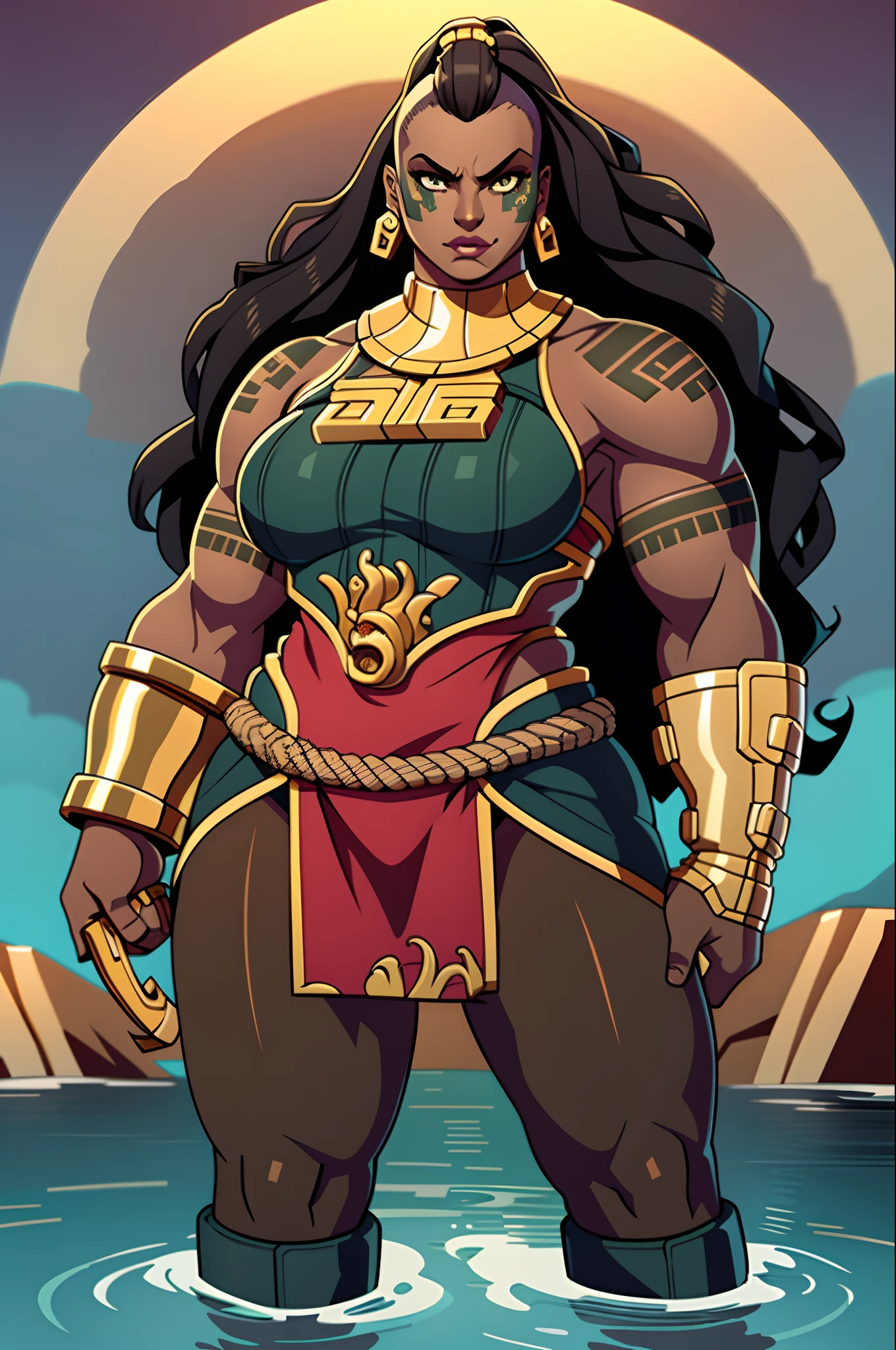 illaoi, 1girl, dark skin, long hair, muscular, solo, standing, detailed face, ultra detailed eyes, looking at viewer, cowboy shot, upper body, standing on liquid, shipwreck, (masterpiece:1.2, best quality)