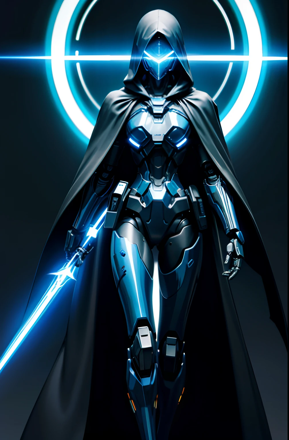 Dark_Fantasy、cyberpunked、(Woman in black cloak、Glowing blue:1.1)、Slender body、Robot Presence、Cybernetic Guardian、Lightsaber in hand、