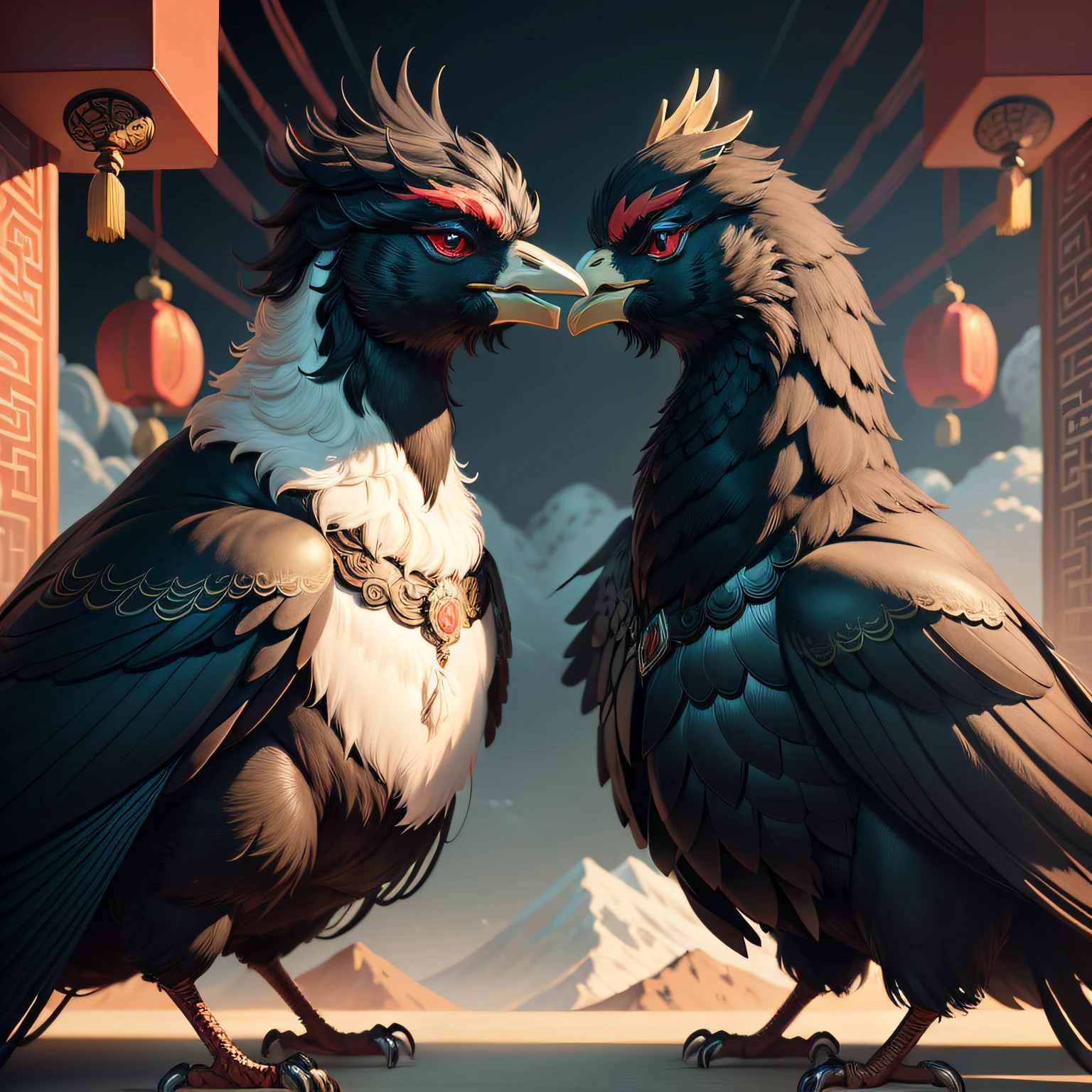 tmasterpiece，A high resolution，8K，absurd res，Complex scenes，Detailed content，CG animation，Chinese mythological background，From the Chinese mythological story Qixi Festival，A flock of black magpies，（Fly in the sky and line up）