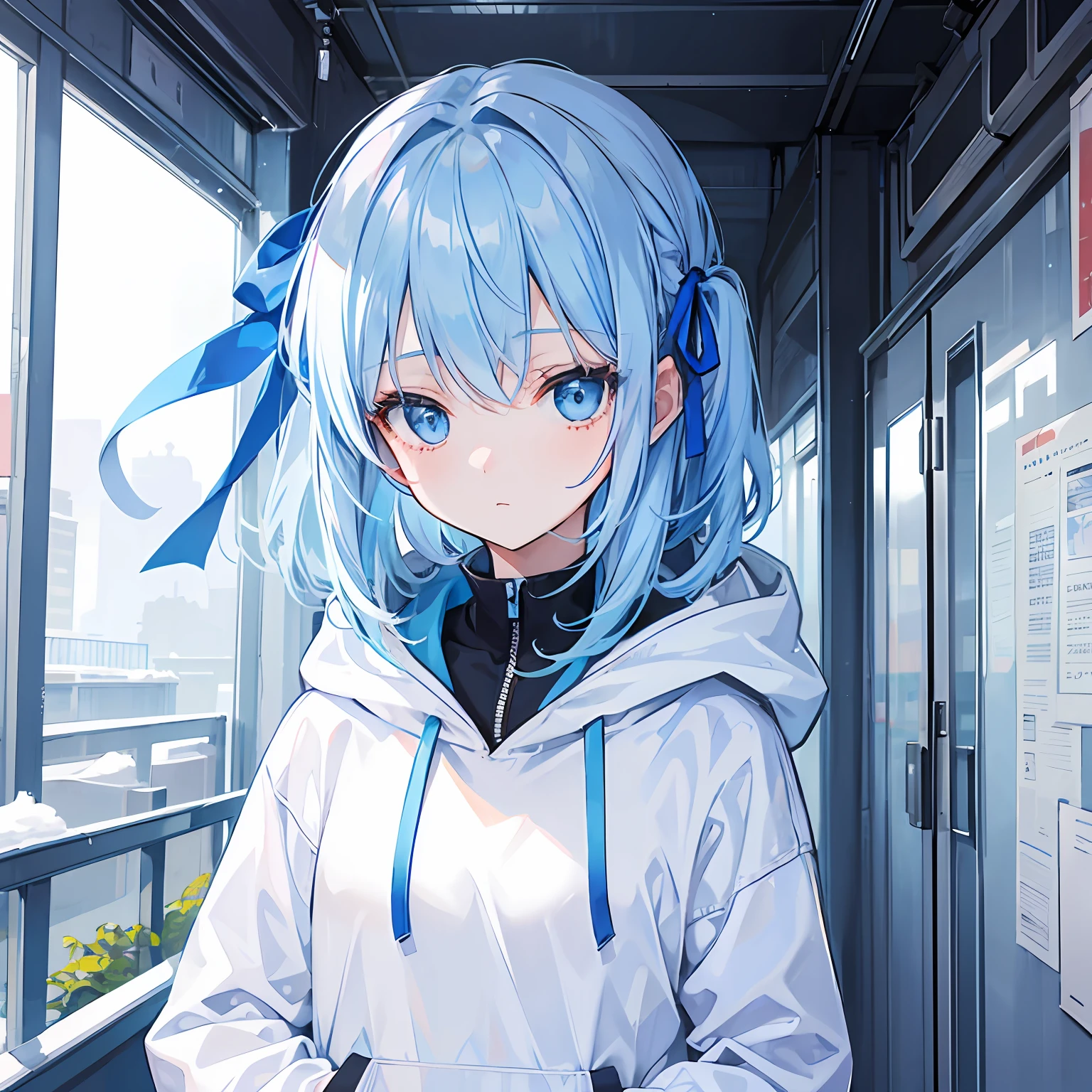 1girl,light blue hair,blue eyes,hair ribbon,blue hoodie,winter,looking at viewer,profile picture