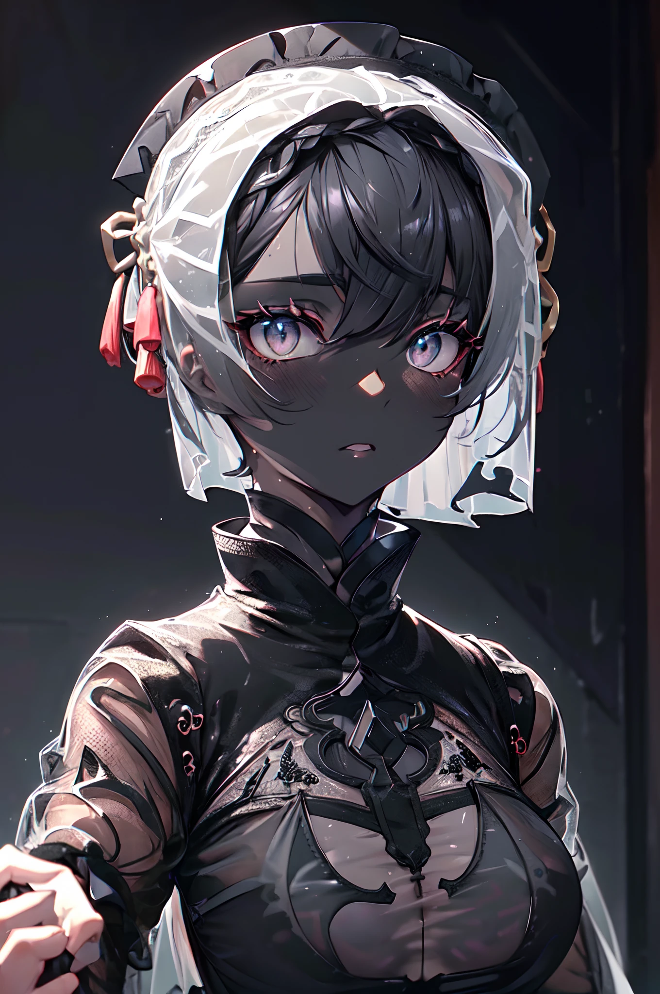 Transcendently Beautiful Girl, (masterpiece face, masterpiece eyes:1.3), nose blush, embarrassed, BREAK, (pixie cut hair:1.3), (black hair, short shaved sides, very short back, very short side, under cut, side cut:1.3), (long eyelashes, red lips), (deep skin, dark skin:1.5), Flat_Chest, very big breasts, very big buttocks, thick thighs, (five fingers, 4fingers and 1thumb), BREAK, ((detailed black ((see-through)) china dress and gothic lolita:1.5)), rabbit ears, choker, outdoors, alley, day, BREAK, Masterpiece, best quality, captures a super cute moment, depth of field, ultra detailed, ultra high resolution, C4D, Octadale, 3D modeling, 8k, 16k,