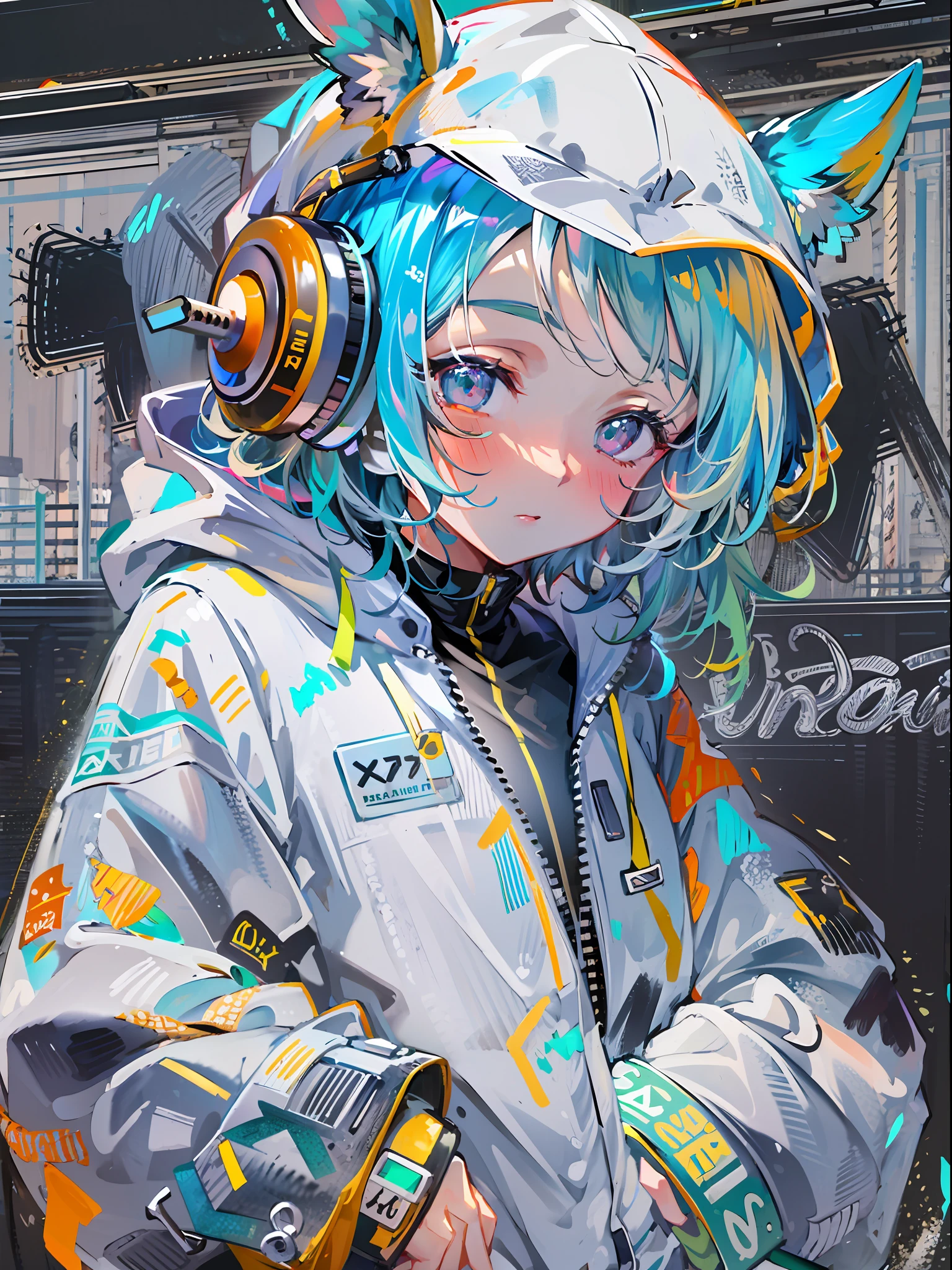 8K分辨率、((top-quality))、((masterpiece))、((ultra-detailliert))、1 woman、独奏、incredibly absurdness、Oversized hoodies、headphones、Street、plein air、Sateen、neons、Shortcut Hair、Brightly colored eyes、Hands in pockets、shortpants、water dripping