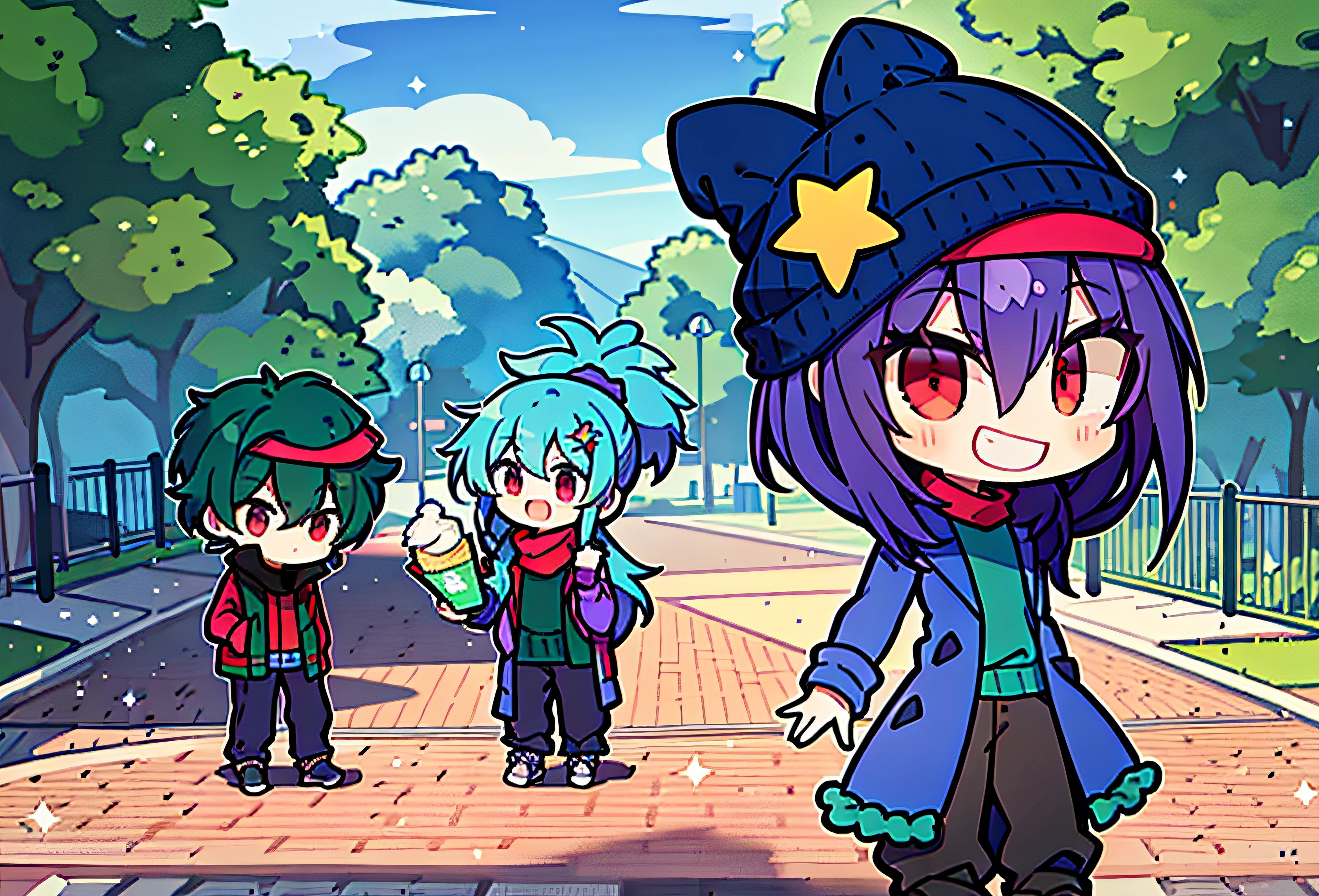 high res, high quality, ultrasharp, 8K, masterpiece, a girl with long dark purple hair wearing light cyan sweater and long pants and blue winter hat with a boy with short dark green hair with a red streak in the hair and brown jacket and purple long pants and red eyes smiling with a serious expression, a girl with light cyan hair with ponytail and wearing a black coat and purple clothes and grabbing an ice cream, beautiful park.