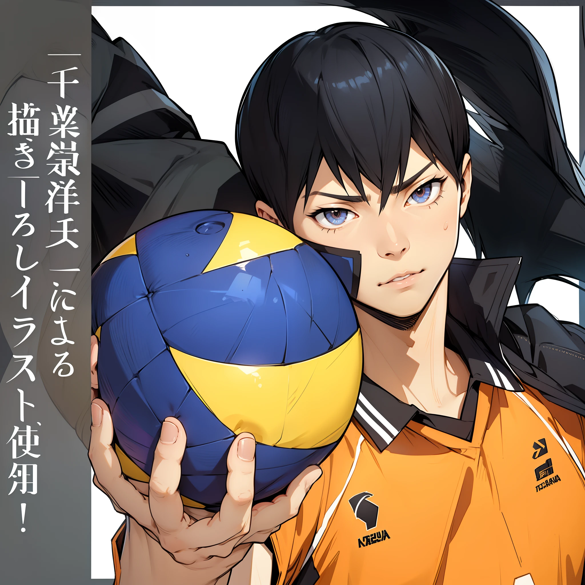 (Haikyuu), (((1boy))), ((tonificado)), foco masculino, obra-prima, alta qualidade, (obra-prima:1.2), (melhor qualidade:1.2), pele brilhante, realista, ornamentada, intrincada, (((cabelos pretos))), (cabelos curtos), sexy_face, solo, camisa laranja, segurando uma bola, FH, olhando para o espectador, pupils constricted, dinamic pose, (sombras projetadas sobre o rosto:1.3), (parte superior do corpo)