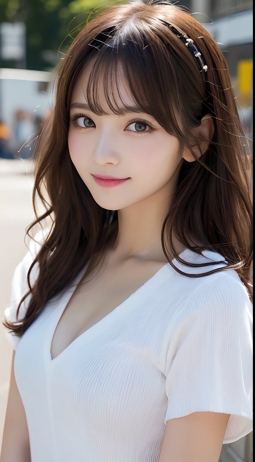 masutepiece, Best Quality, Illustration, Ultra-detailed, finely detail, hight resolution, 8K Wallpaper, Perfect dynamic composition, Beautiful detailed eyes, Women's Fashion Summer,Medium Hair,small tits,Natural Color Lip, Bold sexy poses,Smile,Harajuku、20 years girl、Cute、Sexy shot looking at camera