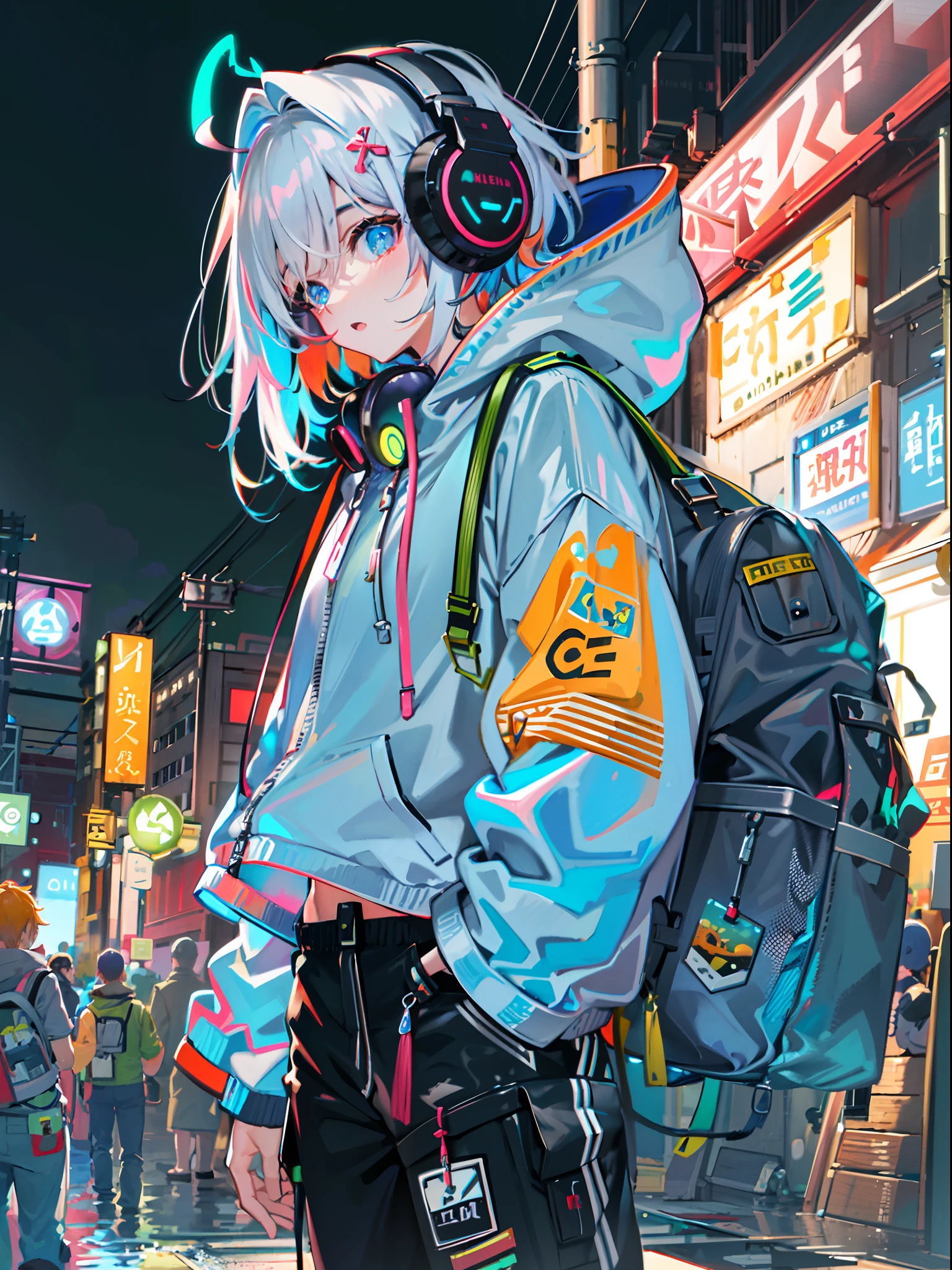 8K分辨率、((top-quality))、((​masterpiece))、((ultra-detailliert))、1 woman、独奏、incredibly absurdness、Oversized hoodies、headphones、Street、plein air、Sateen、Neon Street、Shortcut Hair、Brightly colored eyes、Hands in pockets、shortpants、water dripping