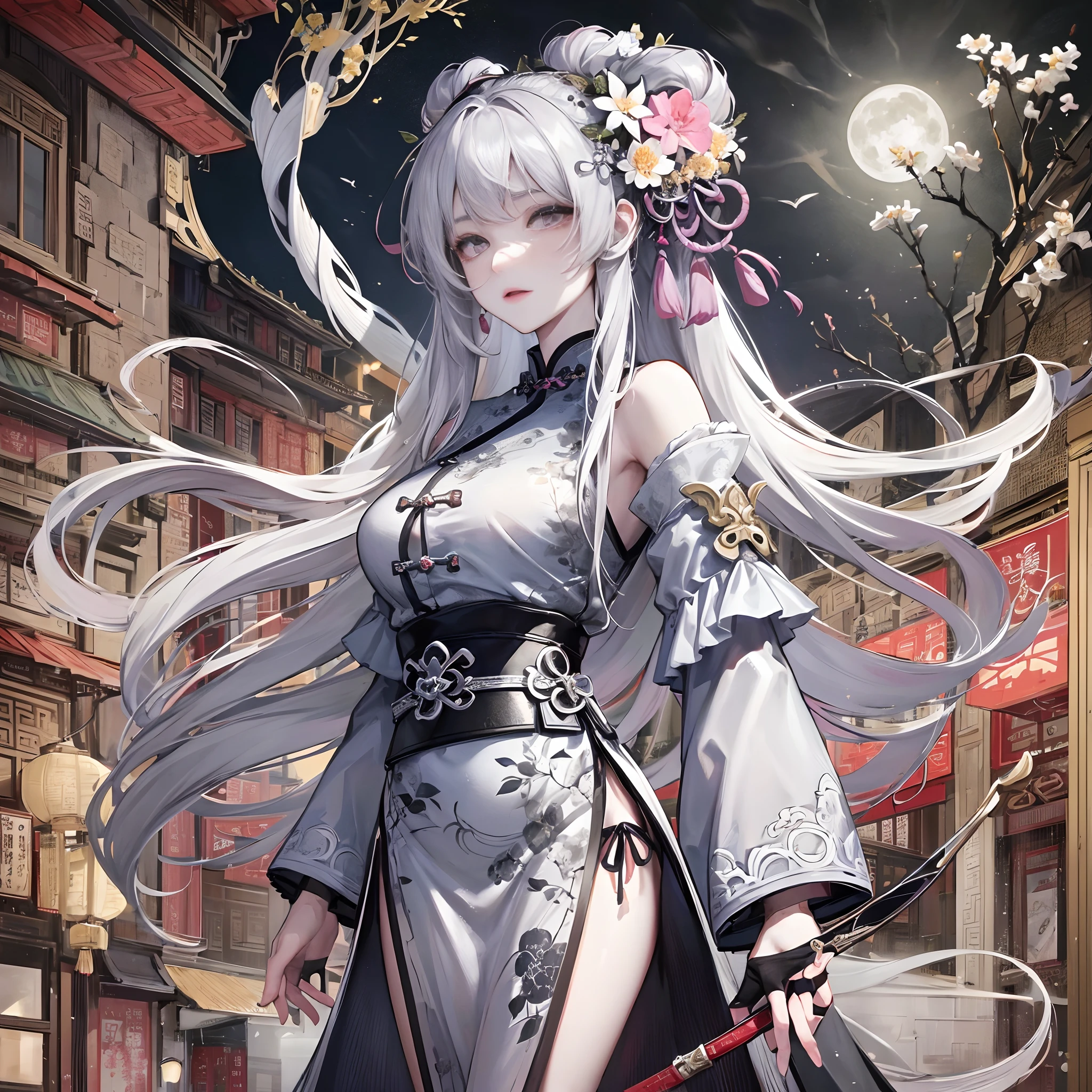 Masterpiece, Best, Night, Full Moon, 1 Female, Mature Woman, Chinese Style, Ancient China, Elder Sister, Royal Sister, Cold Face, Expressionless, Silver White Long Haired Woman, Pale Pink Lips, Calm, Intellectual, Three Belts, Gray Hitomi, assassin, dagger, flower ball background, street view