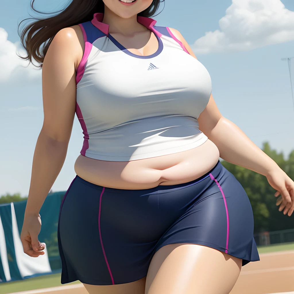 Fat Woman、large boob、Big belly、thick waist、 Hyper-realistic, hight resolution, beautiful japanese female, athletic field, Land Track、 track and field, Smile、track uniforms、Racing Bloomers、Tank Tops、The stomach is bare skin、