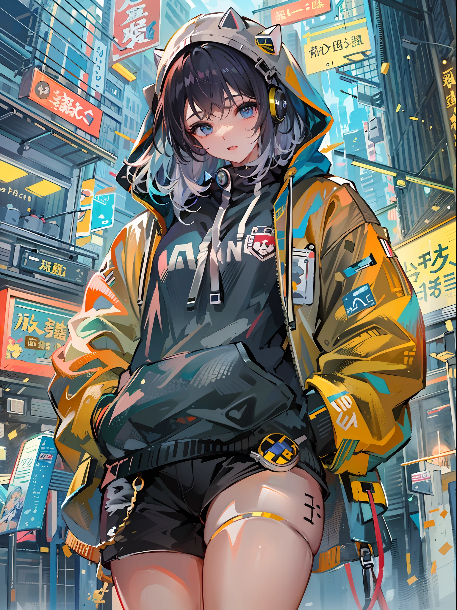 8K分辨率、((top-quality))、((masterpiece))、((ultra-detailliert))、1 woman、独奏、incredibly absurdness、Oversized hoodies、headphones、Street、plein air、Sateen、neons、Shortcut Hair、Brightly colored eyes、Hands in pockets、shortpants、water dripping