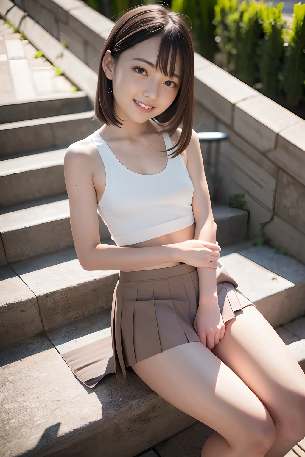 (Highest image quality, Highest image quality, Super A High Definition), (Raw photo, Realism 1.4), Chest pulled together、Fine skin, Fine face, Cute, AKB Girl, Girl in her 20s, Same as, Perfect Skin, thighs thighs thighs thighs, Medium Hair, Perfect, Brown hair, Brown eyes, Whole body, Sit on the steps of the footbridge、hugging own legs、Legs hugging themselves、I can see the panties.、((Tank Tops)), ((Ultra Mini Pleated Skirt))、pantie shot、Bright sunlight, Smile、Bokeh background、Wet tank top、arms folded、bra very