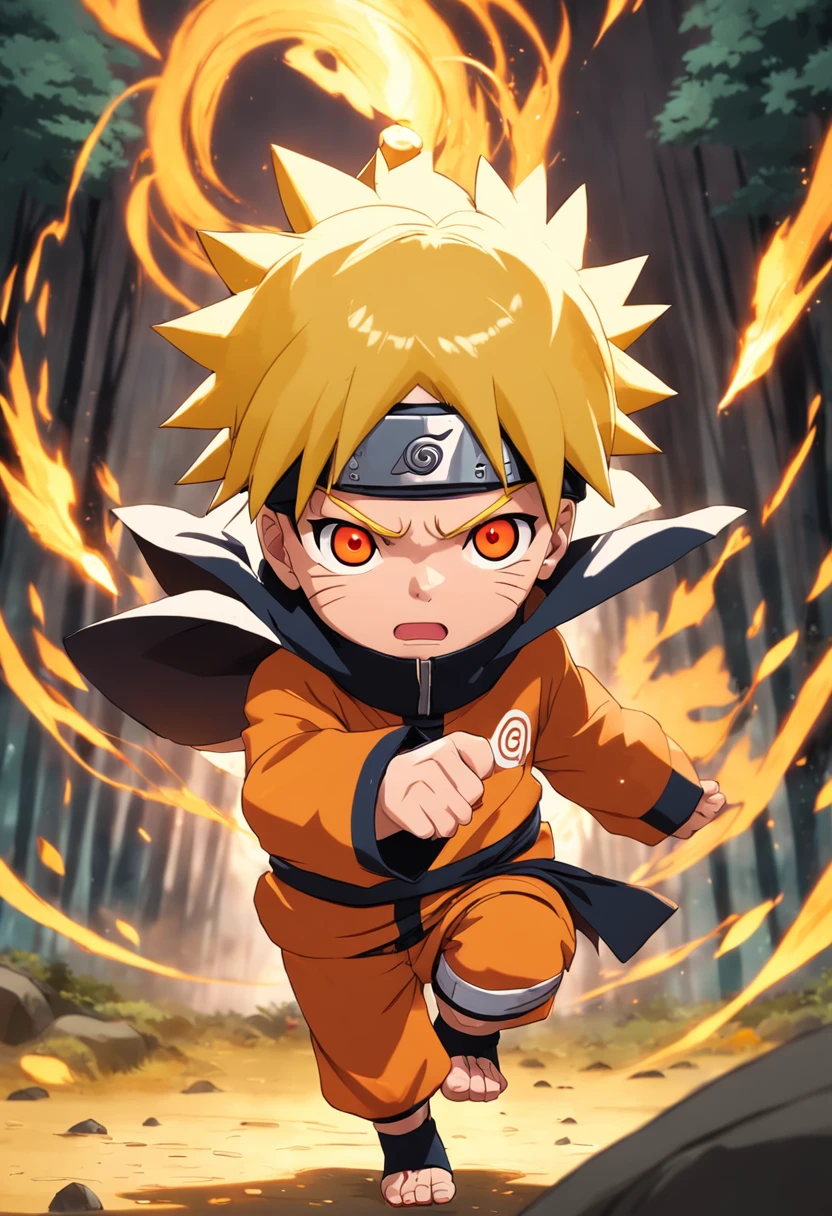 chibi chara (( naruto uzumaki)) em campo de batalha, cara de furia, pose de luta, estilo anime, by masashi kishimoto --auto